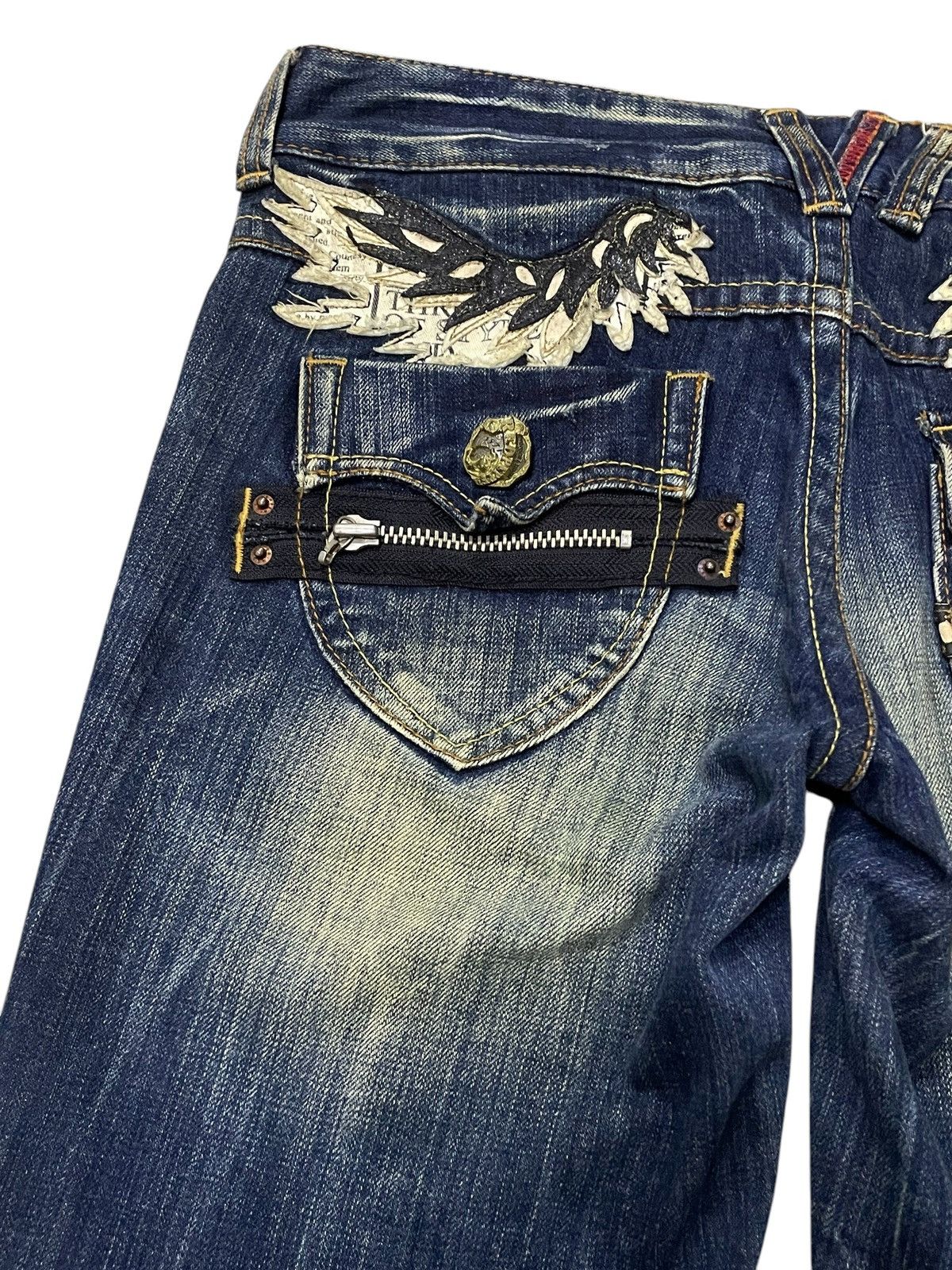 Japanese Brand × LOWBOX × semanticdesign Red Pepper Japan Leather Feather Wings Mud Wash Flare Jeans Size US 30 / EU 46 - 6 Thumbnail