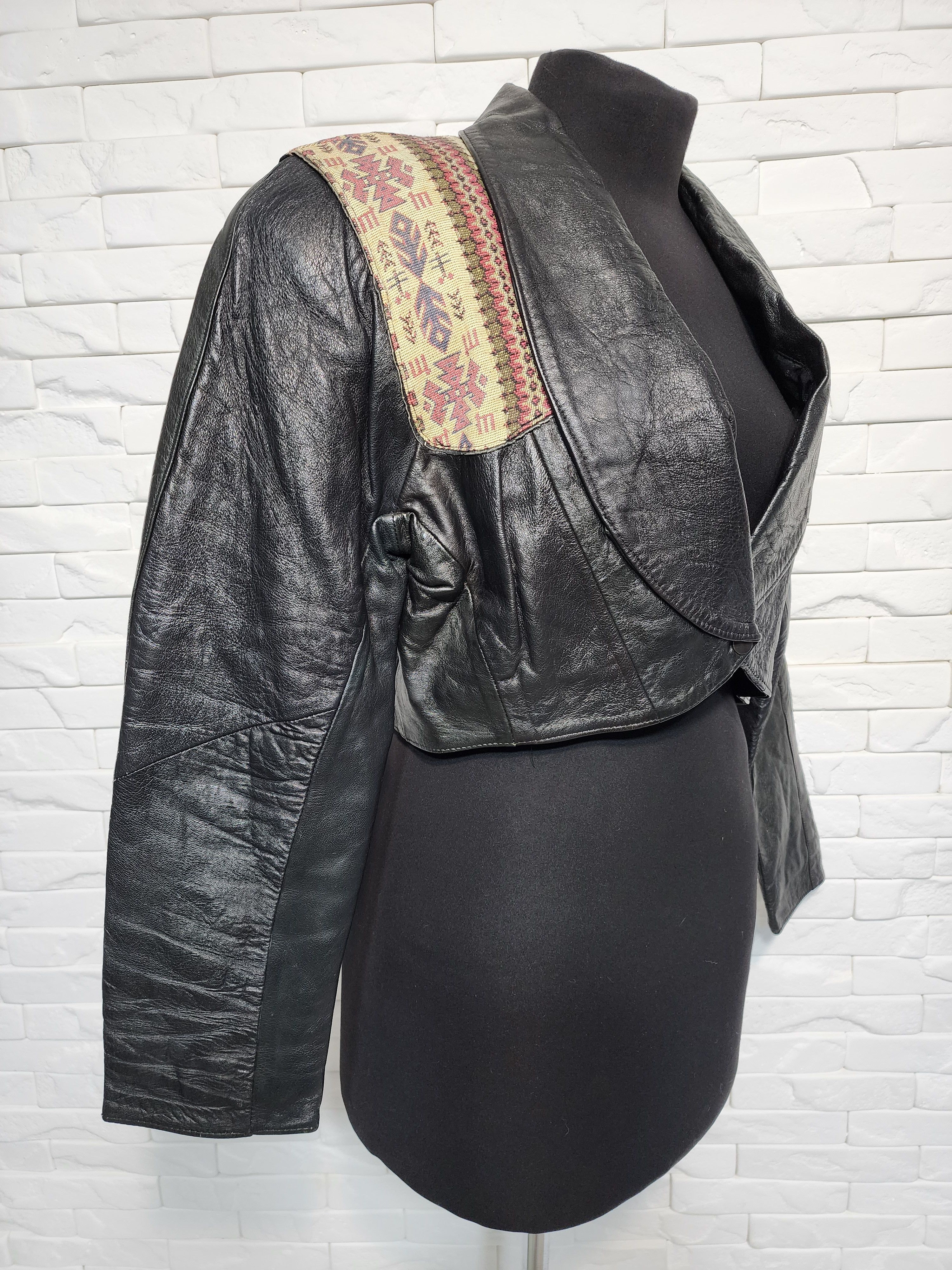Designer Black women's leather jacket with tapestry fabric inserts. Size XL / US 12-14 / IT 48-50 - 3 Thumbnail