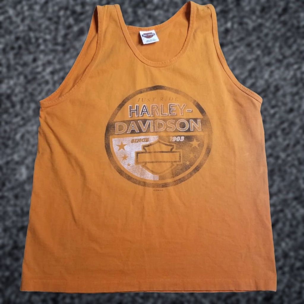 Harley Davidson VINTAGE Harley-Davidson Graphic Tank Top Large Orange Double-Sided USA 2000s Mens Biker Size US L / EU 52-54 / 3 - 1 Thumbnail