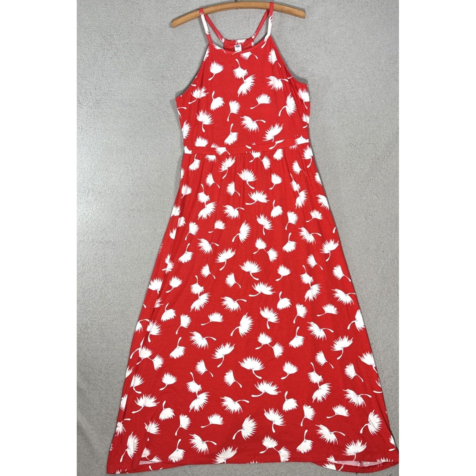 Old Navy Maxi Dress Women's L Red Floral Boho Beach Resort Sleeveless Jersey Swing Dress WOMENS