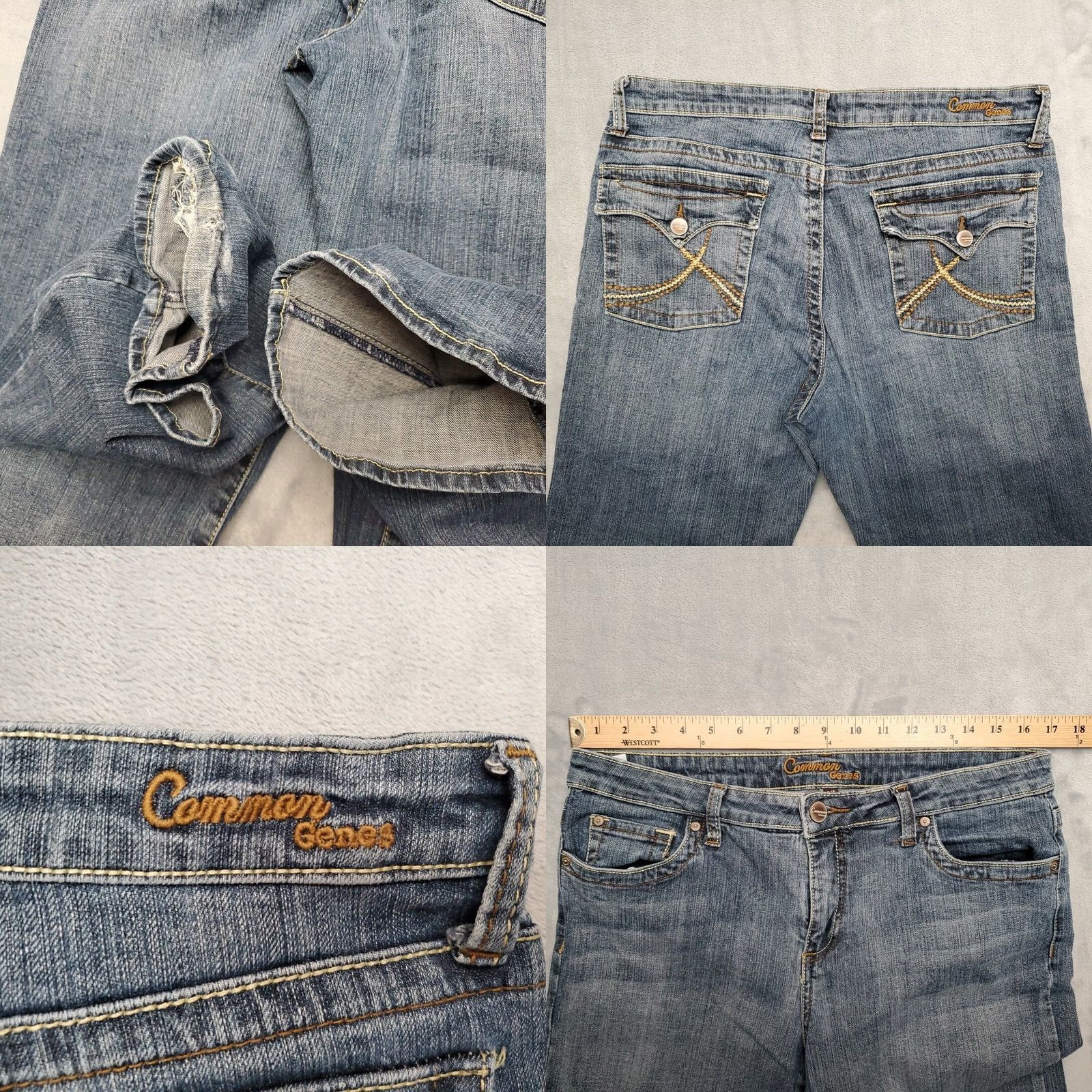 Vintage Common Genes Jeans Womens 12 Bootcut Denim Blue 34x32 Zip Pockets Belt Loops Spandex Cotton Medium Inseam 32 USA Mens Womens Boys Girls Size 34" / US 12 / IT 48 - 8 Thumbnail