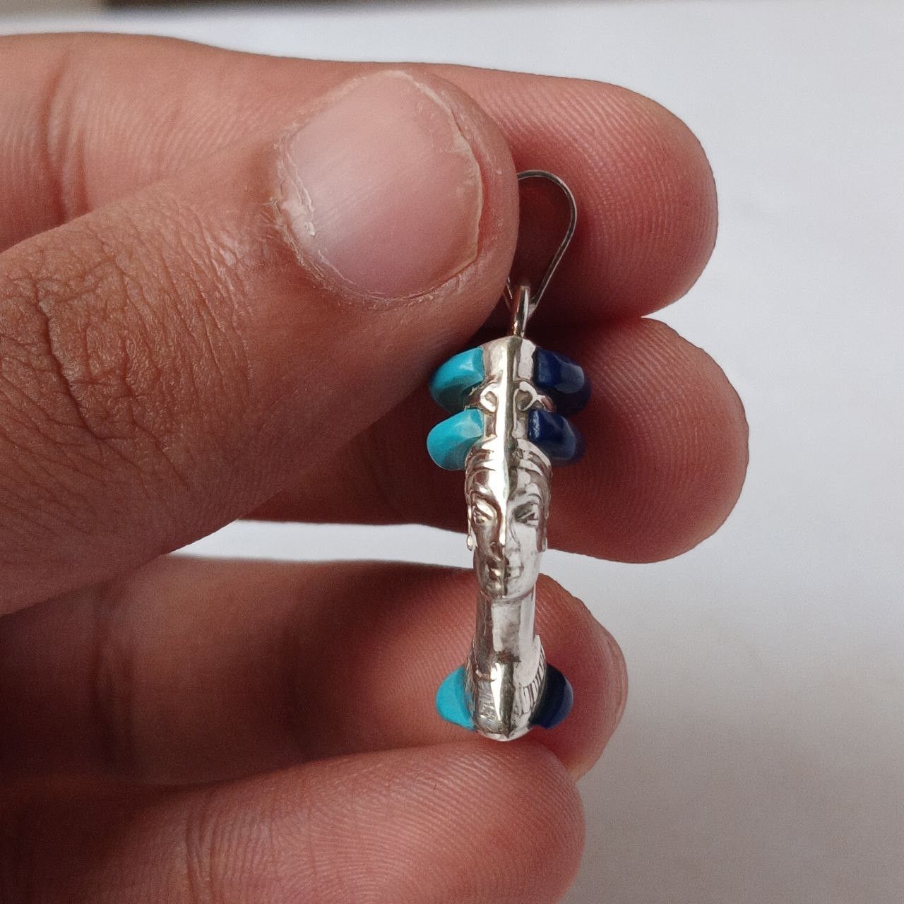 Sterling Silver 925 Silver Nefertiti Pendant with Lapis & Turquoise Egyptian Size ONE SIZE - 5 Thumbnail