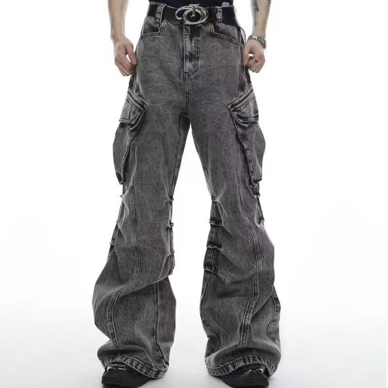 Vintage washed stacked design wide leg jeans