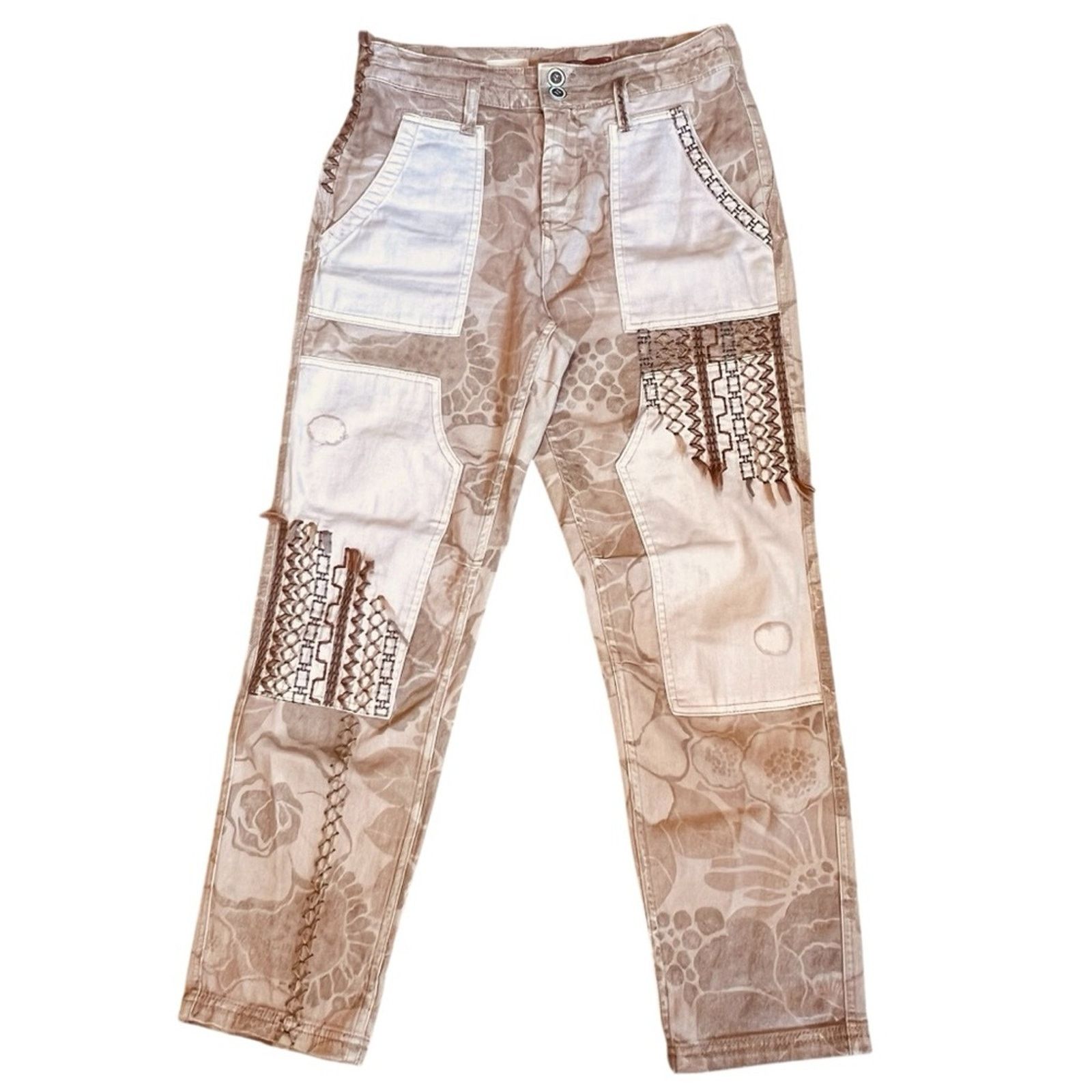 Anthropologie Pilcro Anthropologie Sz 29 Tan Patchwork Embroidered Pants Size 29" - 3 Thumbnail