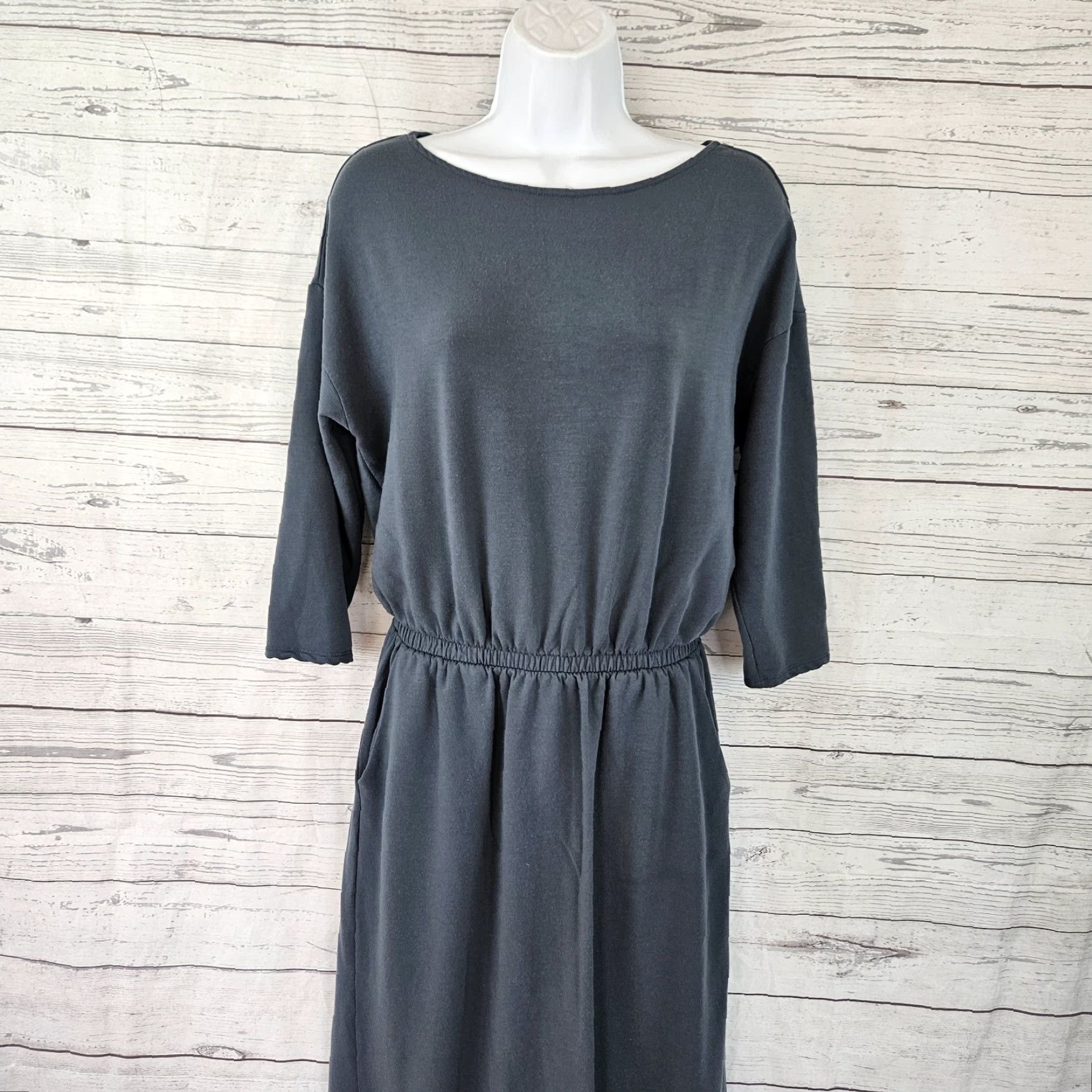 Vintage Garnet Hill Womens Boat Neck Knit Midi Dress Sz S Blue Gray Elastic Waist - Pockets - 3/4 Sleeve - Blouson Dress - Solid - Regular - Womens Size S / US 4 / IT 40 - 2 Thumbnail