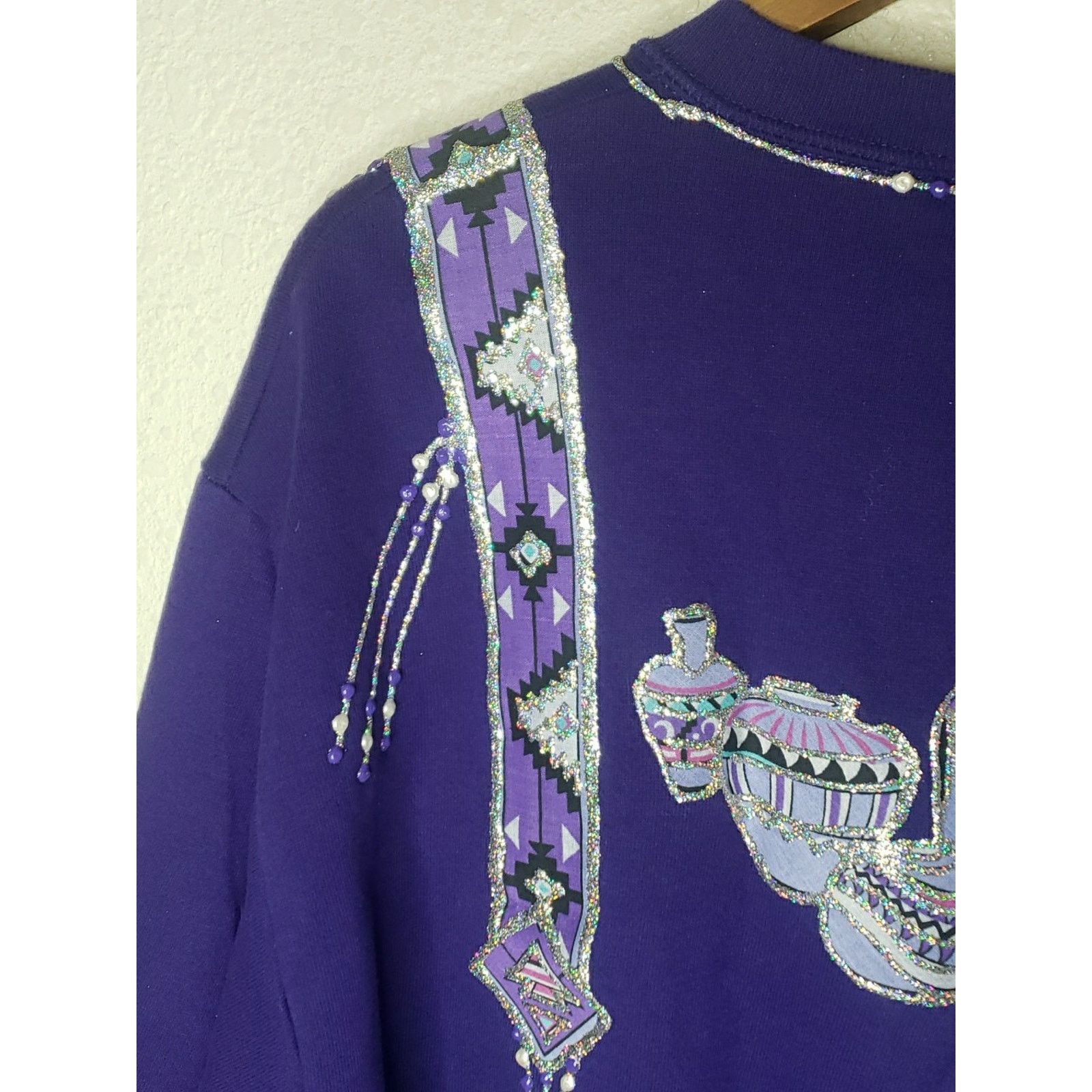 Jerzees Vtg 80s Native American Feathers Sparkle Southwestern MEDIUM Size US M / EU 48-50 / 2 - 17 Thumbnail