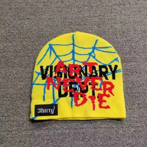 Other Art Never Die Spider Web Graphic No Cuff Beanie Hat Yellow Size ONE SIZE - 2 Thumbnail