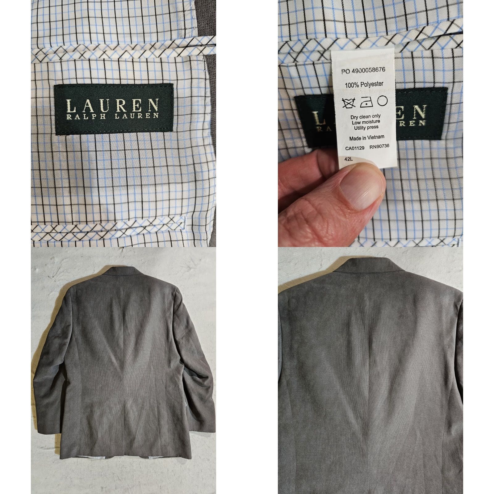 Ralph Lauren VINTAGE Lauren Ralph Lauren Classic 100% Polyester Stretch Suit Coat Sports Jacket Blazer 42 Long Grey Mens Size 42R - 8 Thumbnail