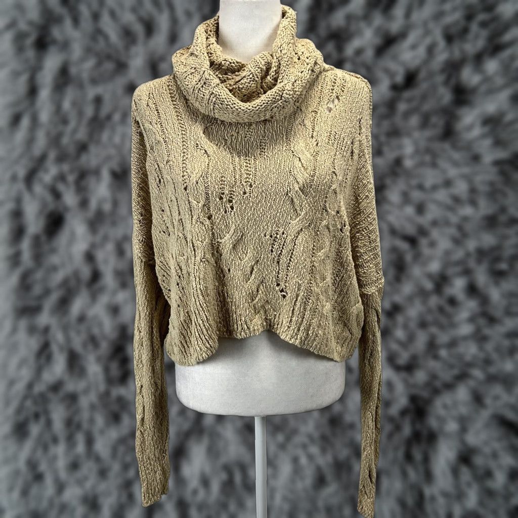 Free People Free People Shades Of Dawn Sweater Shirt Women Small Tan Knit Cowl Neck Distressed Crop Slouchy Cotton Blend 2020s Size S / US 4 / IT 40 - 1 Thumbnail