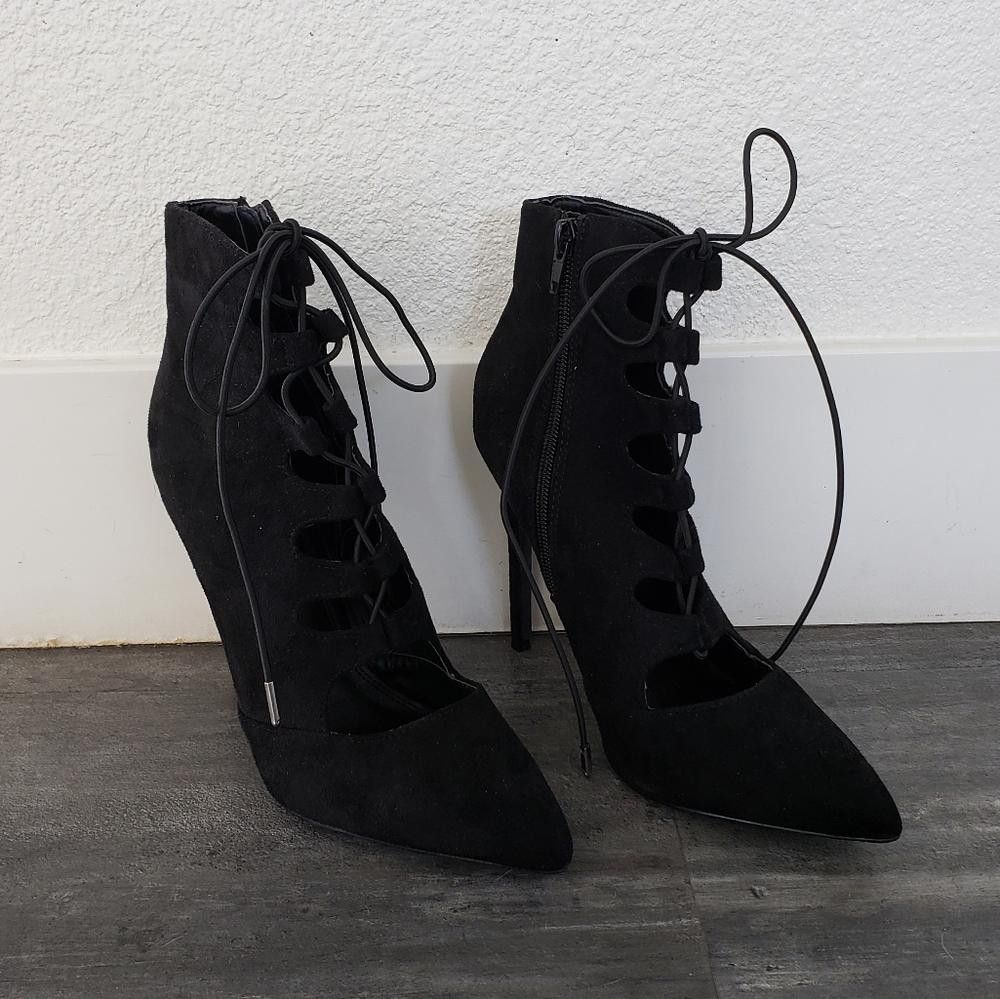 Designer Black Laced Up Suede OJ Heeled Boots Size US 8 / IT 38 - 1 Thumbnail