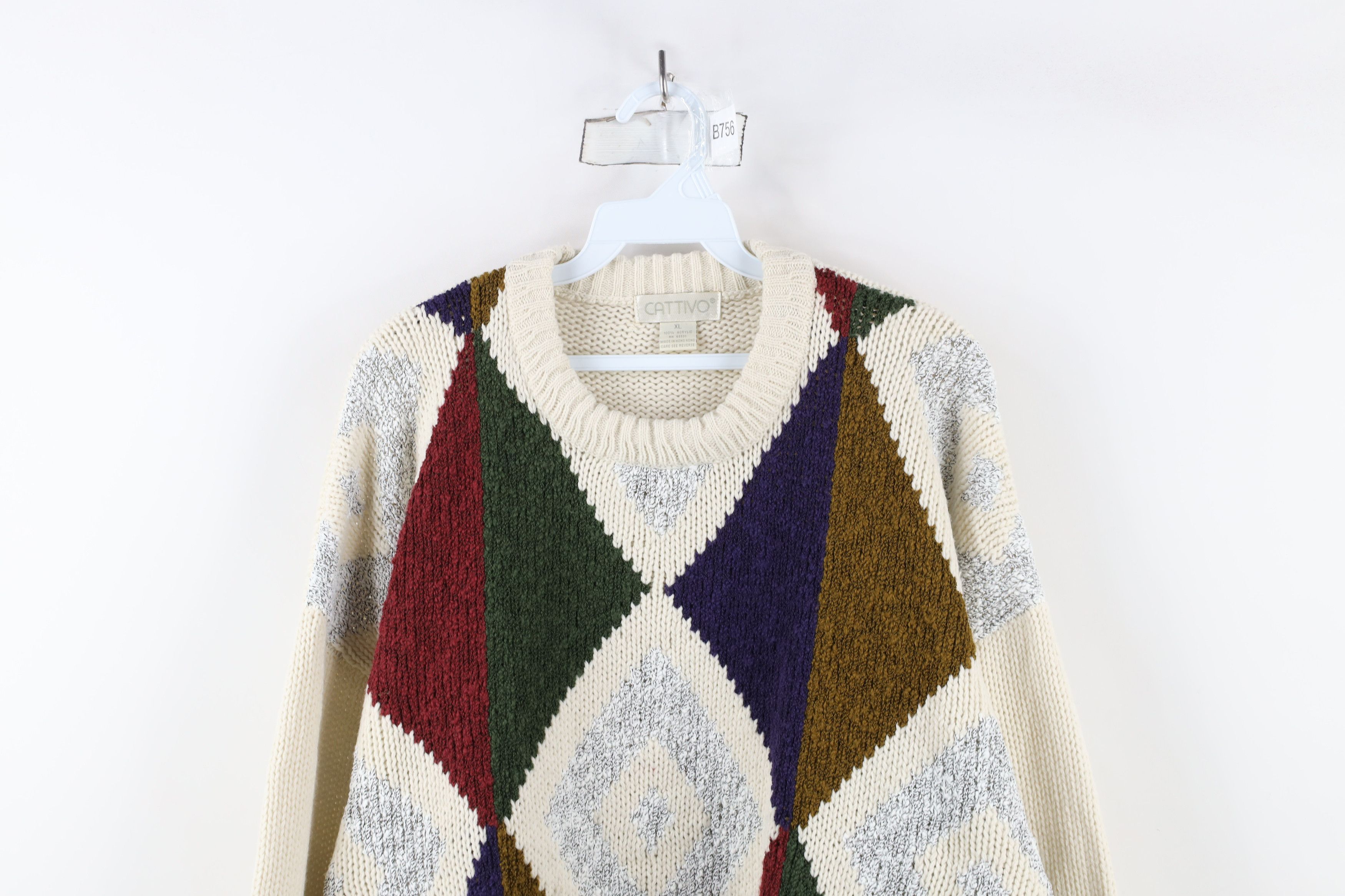 Vintage Vintage 90s Streetwear Diamond Chunky Knit Dad Sweater Size US XL / EU 56 / 4 - 2 Thumbnail