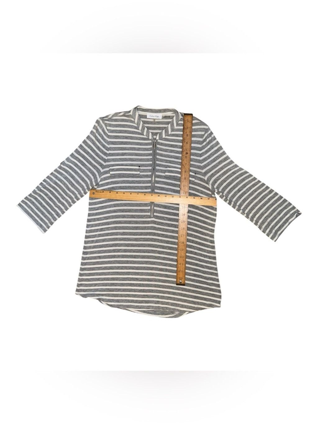 Calvin Klein Calvin Klein Grey and White Striped Half-Zip Tunic Top #86 Size L / US 10 / IT 46 - 6 Thumbnail
