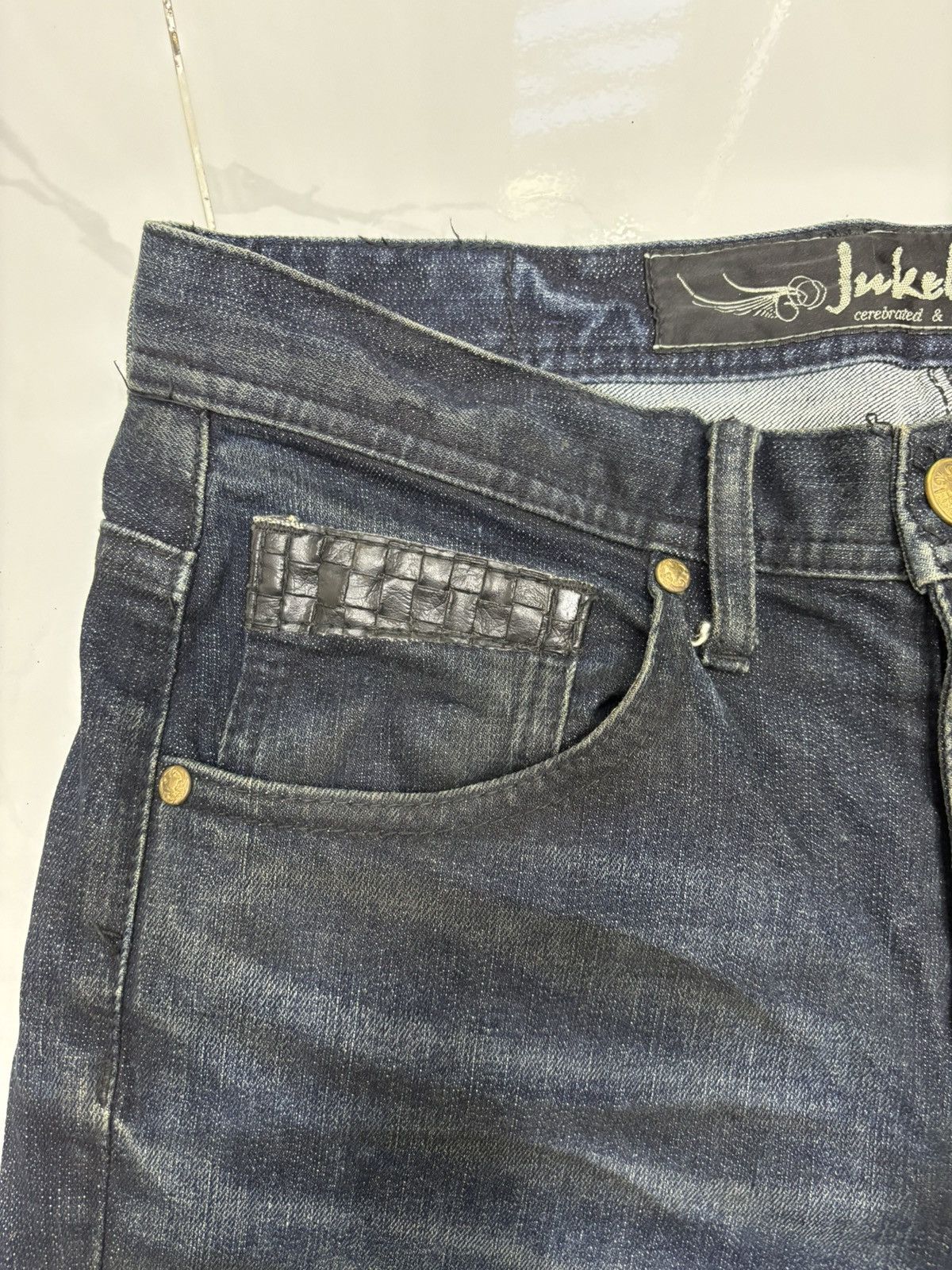 Tornado Mart JAPANESE JUKEBOX WHISKER DARK DISTRESSED DENIM JEANS Size US 31 - 12 Thumbnail