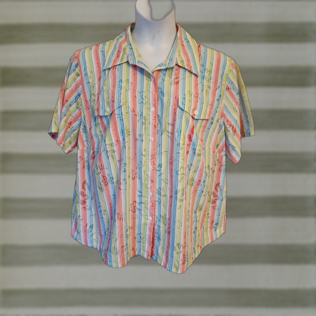 Vintage VINTAGE Alfred Dunner Woman Floral Red Green Blue Stripe Short Sleeve Camp Shirt 22W Size 3XL / US 20-22 - 1 Thumbnail
