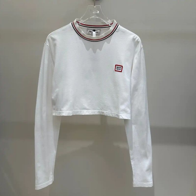 Miu Miu White Cropped Long Sleeve T-Shirt 0089