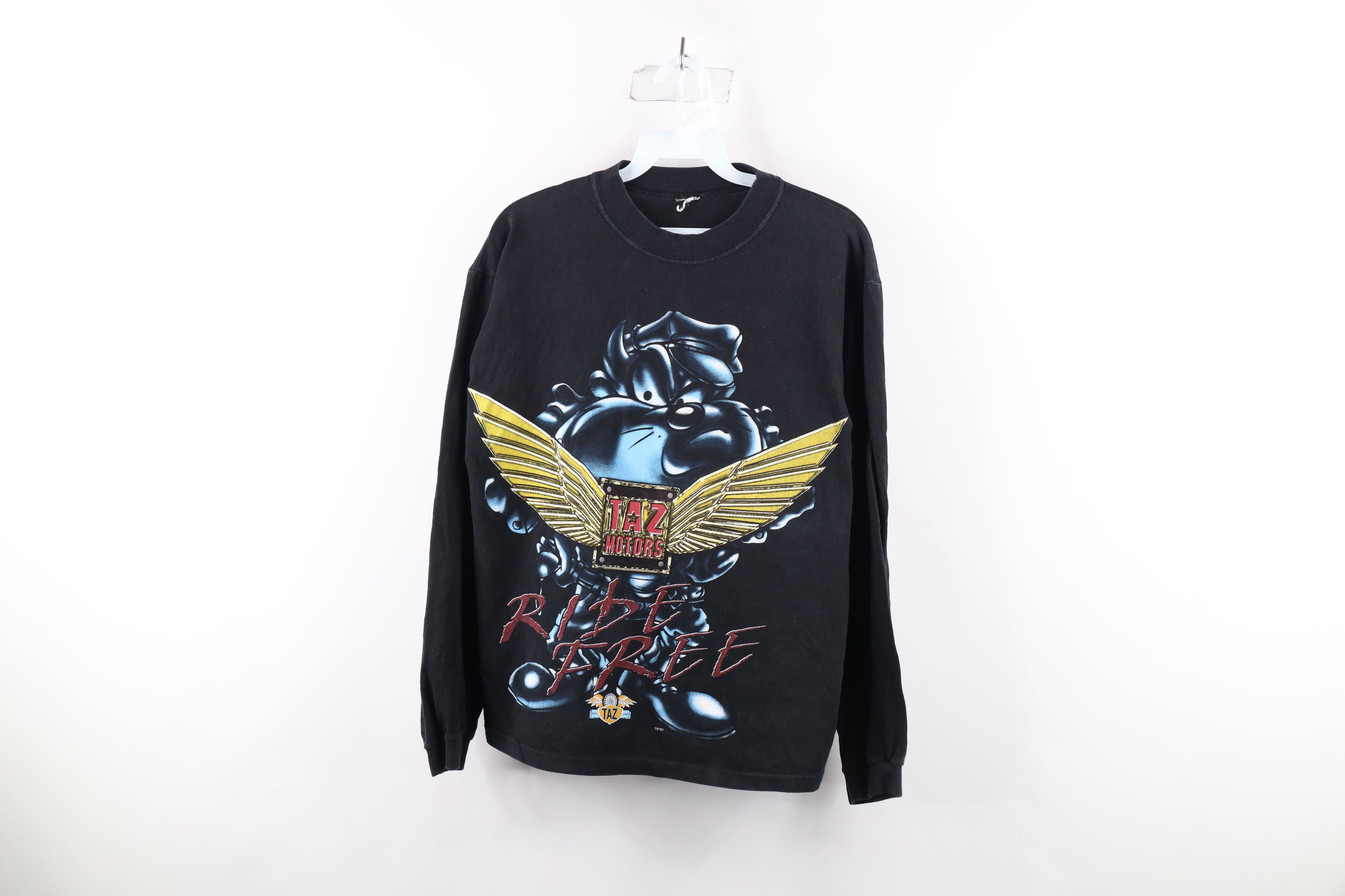 image of Vintage 90 Looney Tunes Devil Motorcycle Long Sleeve T-Shirt in Black, Men's (Size Small)