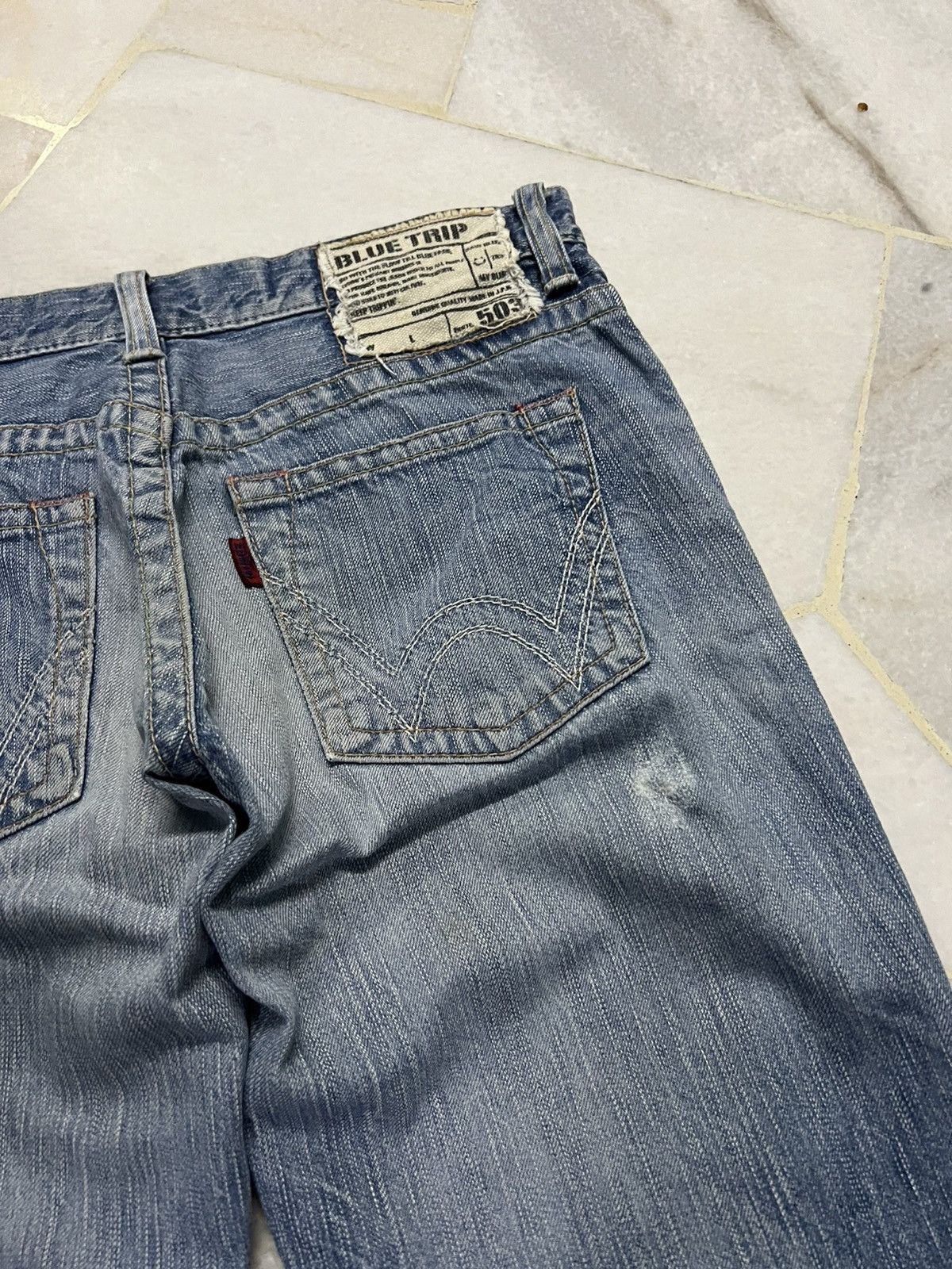 Edwin × Japanese Brand 💥Flare💥Edwin 503 Blue Trip Faded Distressed Jean Size US 30 / EU 46 - 17 Thumbnail