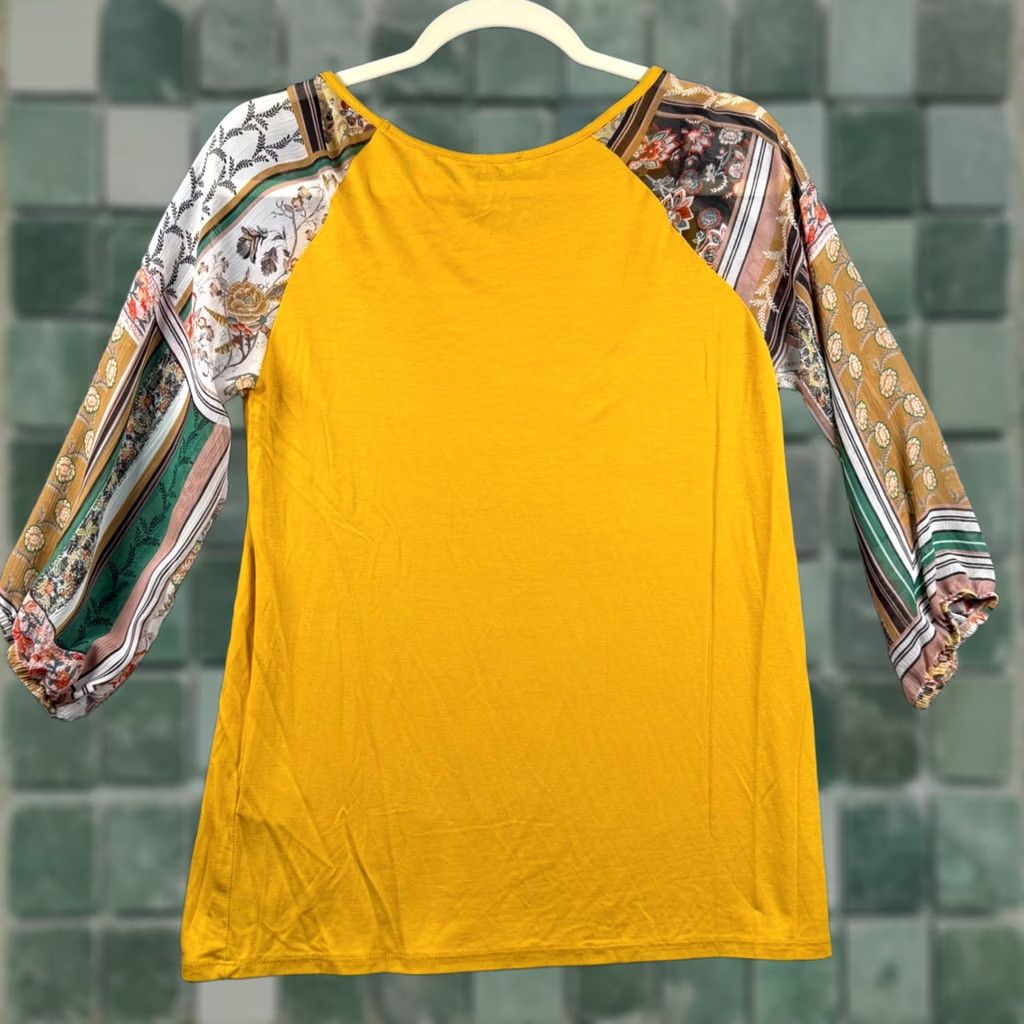 Vintage Les Amis Mustard Yellow Raglan Sleeve Top Boho Floral Mixed Print Crew Neck 3/4 Sleeves USA Made Women M Size M / US 6-8 / IT 42-44 - 1 Thumbnail