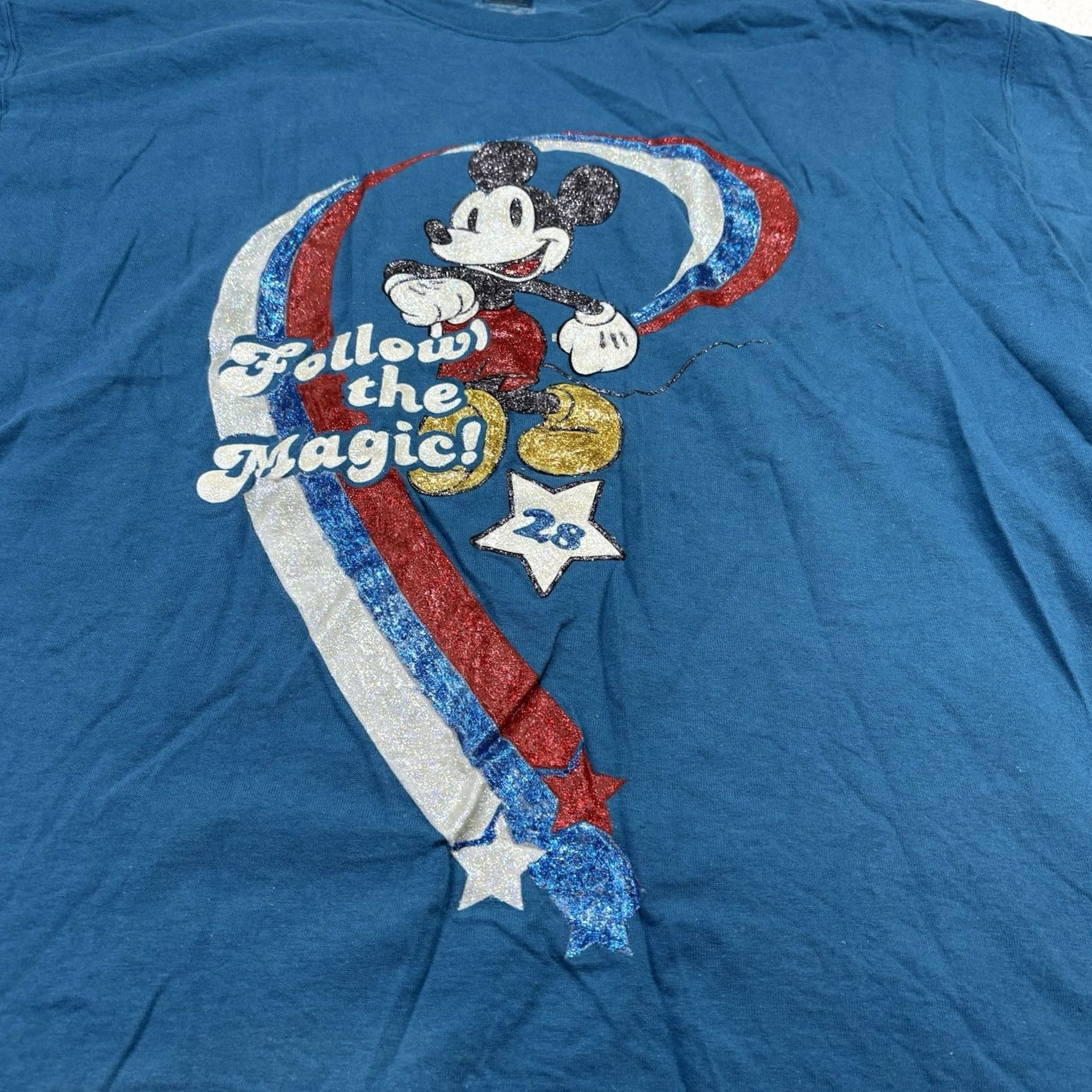 Disney VINTAGE Disney Mickey Mouse Follow The Magic XL T Shirt Sparkle Glitter Puff Paint Blue Size US XL / EU 56 / 4 - 2 Thumbnail