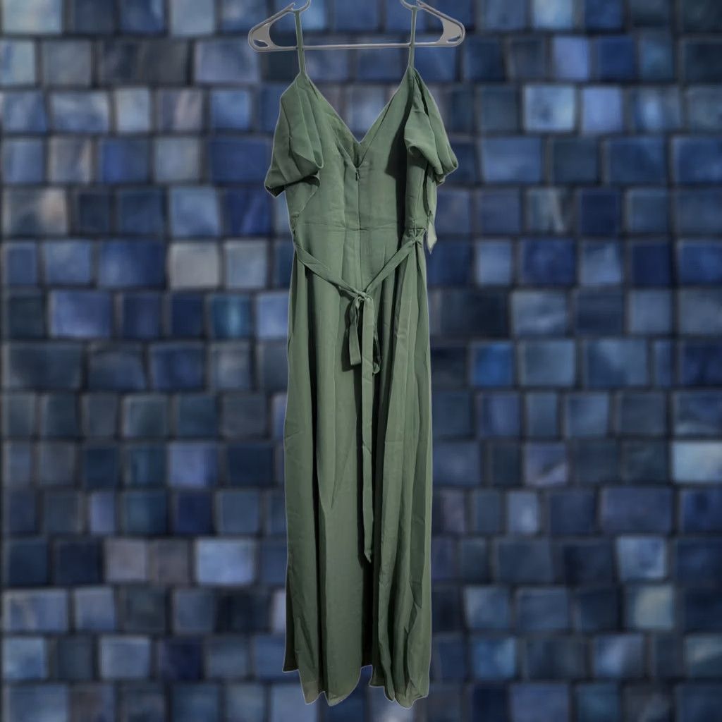 Vintage JJs House Womens Dress Maxi A-Line Chiffon Belted 10 Green Wedding V-Neck Sleeveless Ruffle Long 60" Keynote: Belted, Lined, Solid Size L / US 10 / IT 46 - 1 Thumbnail