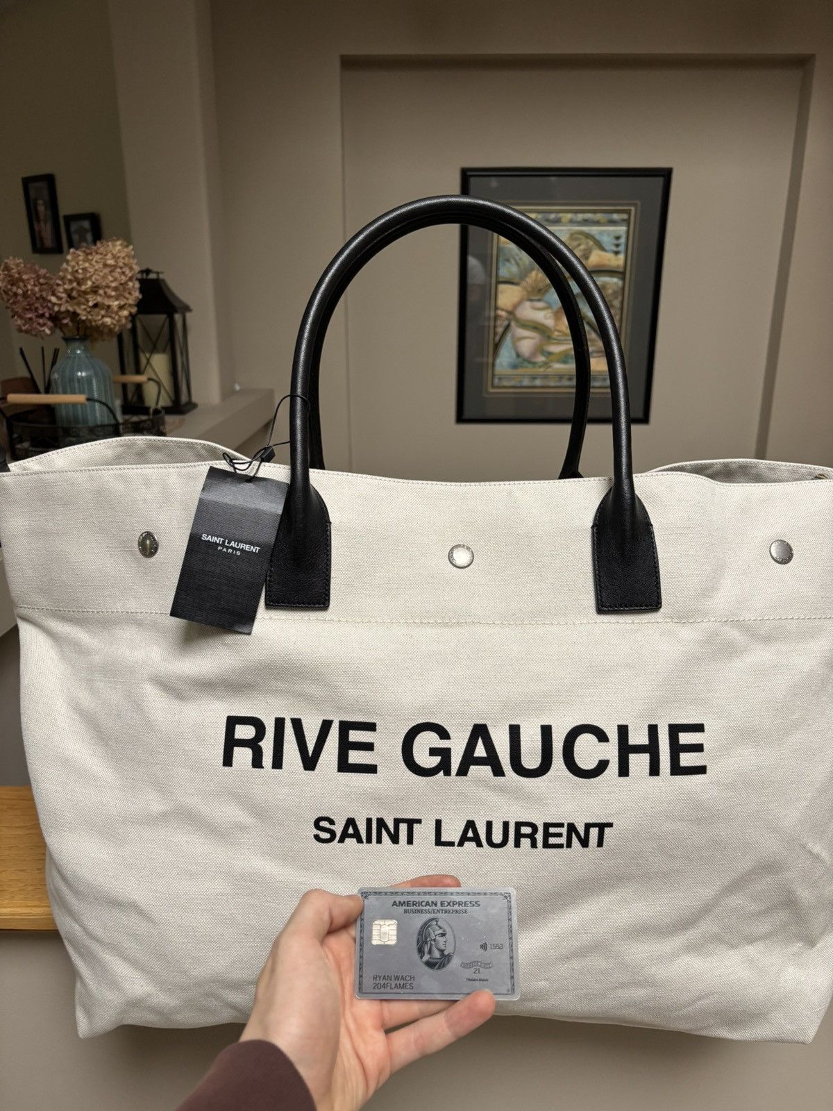 Saint Laurent Paris Saint Laurent Cream/Black Leather Rive Gauche XL Tote Bag Size ONE SIZE - 3 Thumbnail