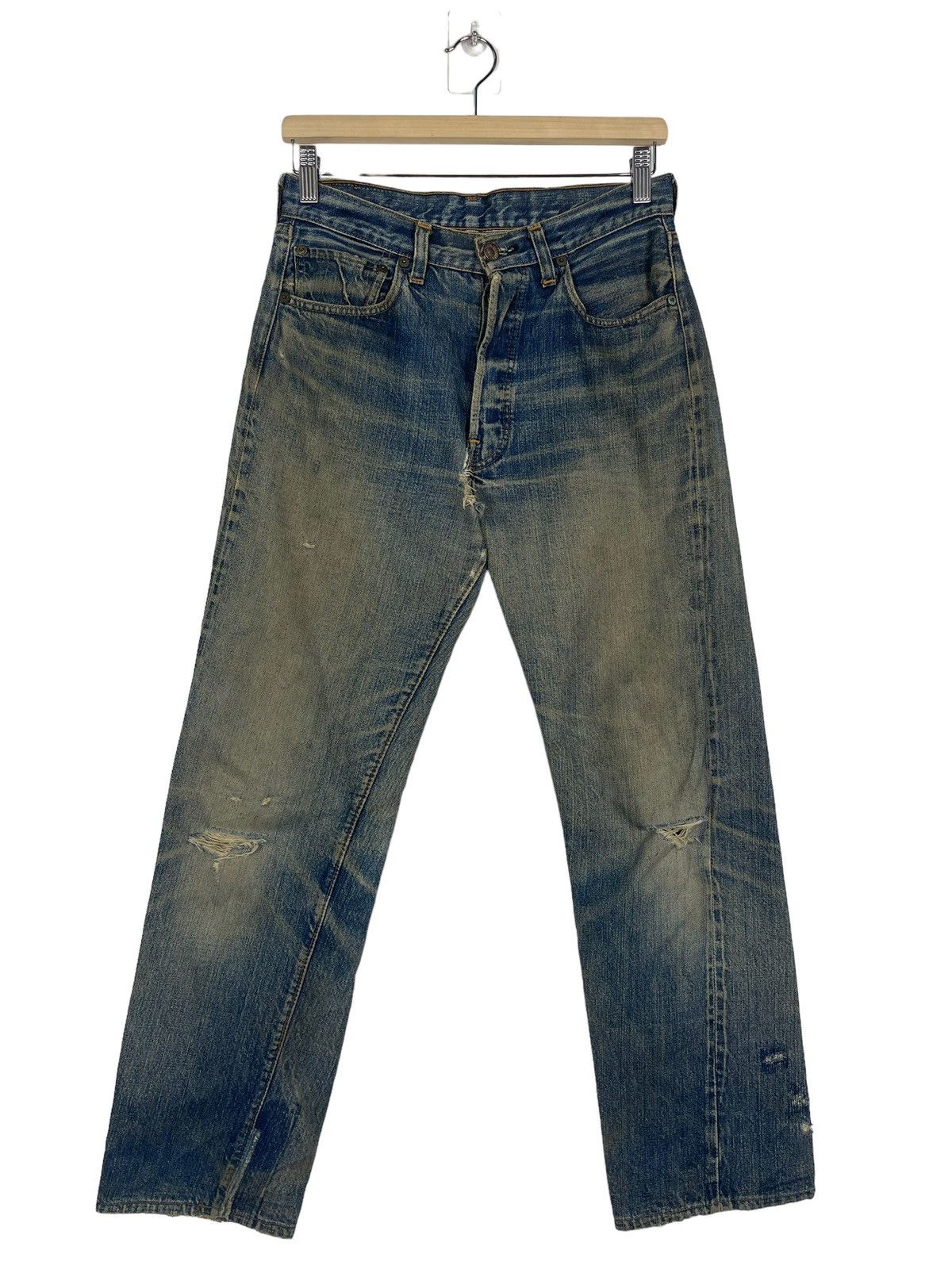 image of Kurt Cobain x Levis 80's Levis Selvedge Ripped Denim Jean Buttonfly Snap Button 6 in Blue (Size 29)