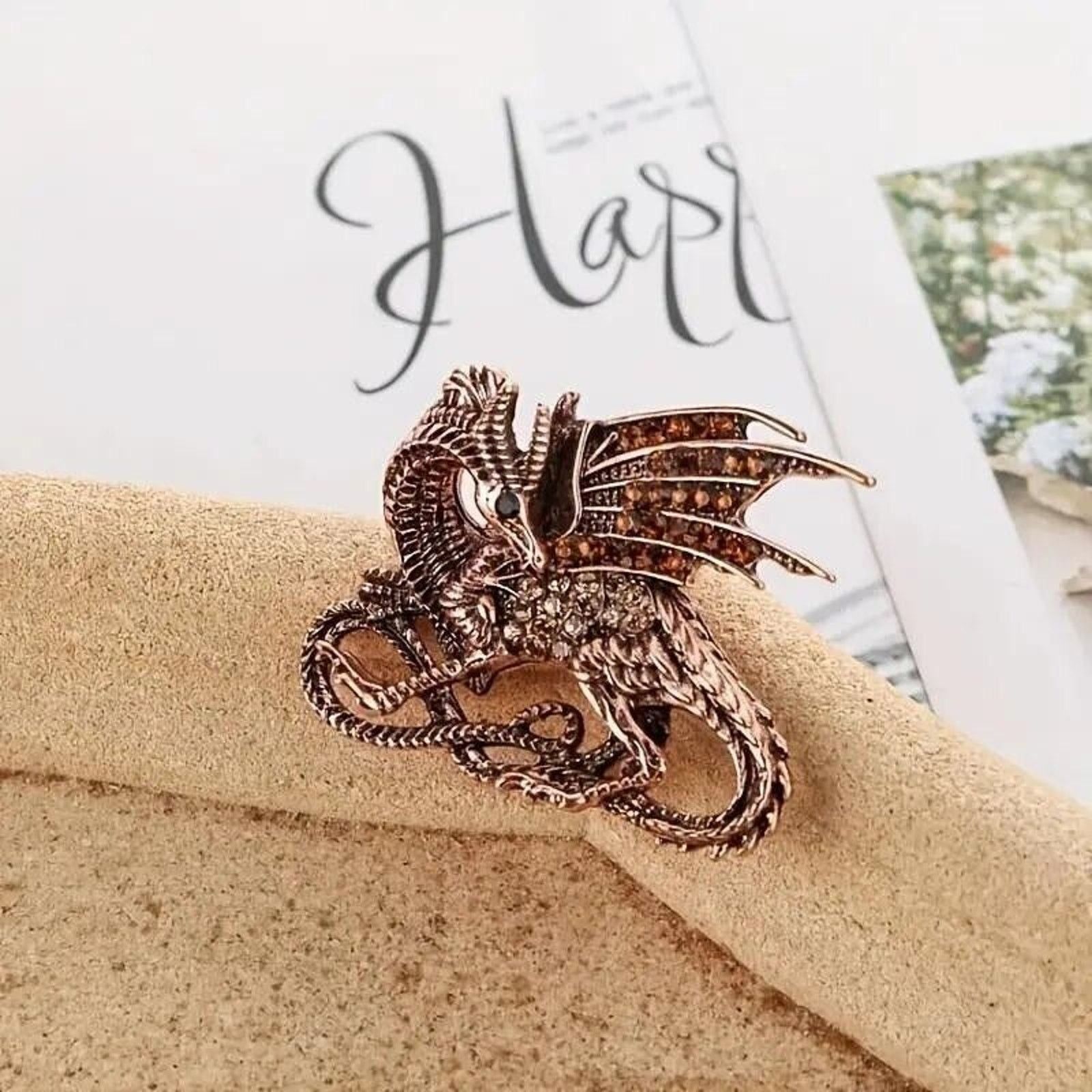 Other Dragon Brooch • Clear Orange Brown Rhinestones • 1.3"x1.7" Size ONE SIZE - 2 Thumbnail