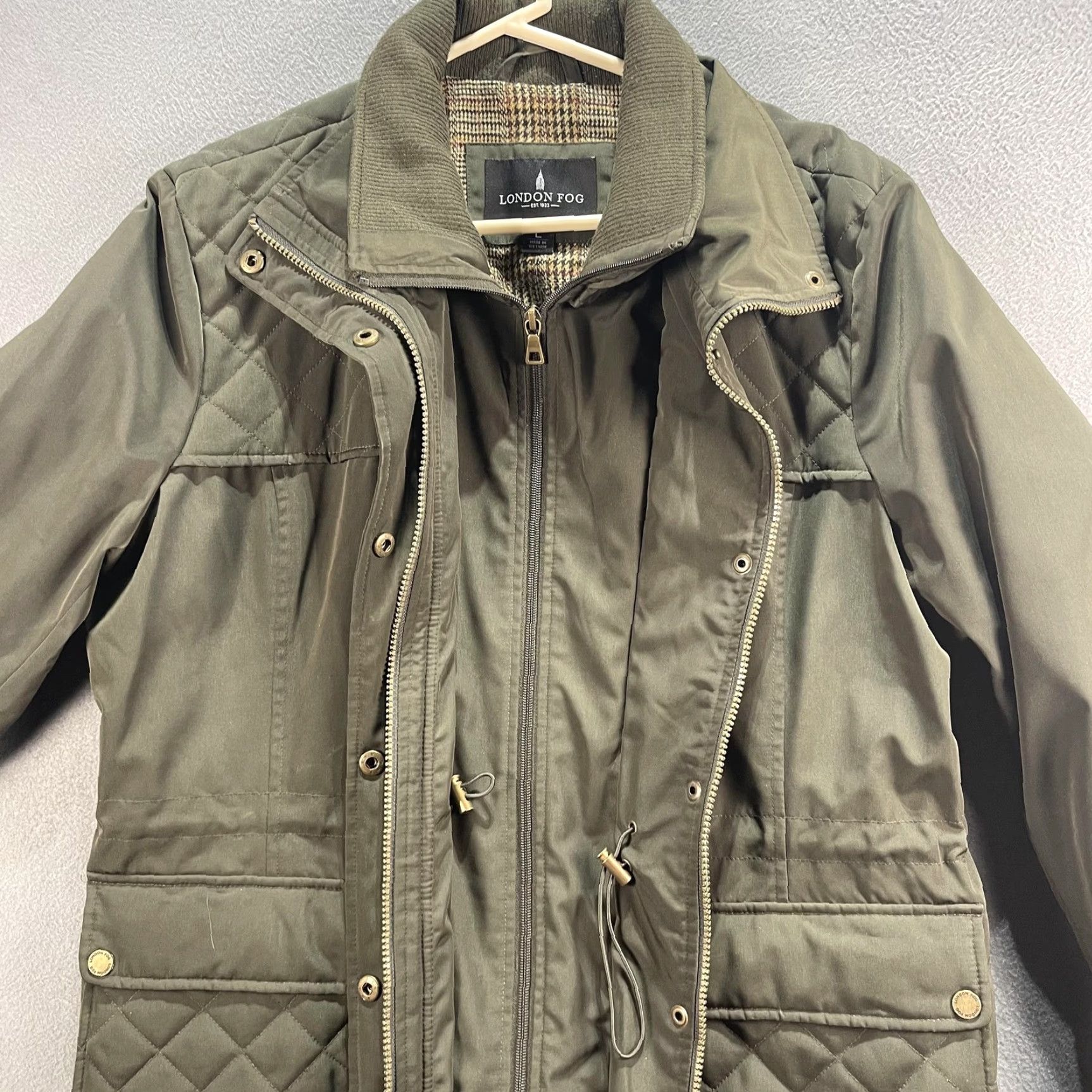 London Fog London Fog Jacket Womens Large Olive Green Quilted Utility Pockets Plaid Lining Size L / US 10 / IT 46 - 4 Thumbnail