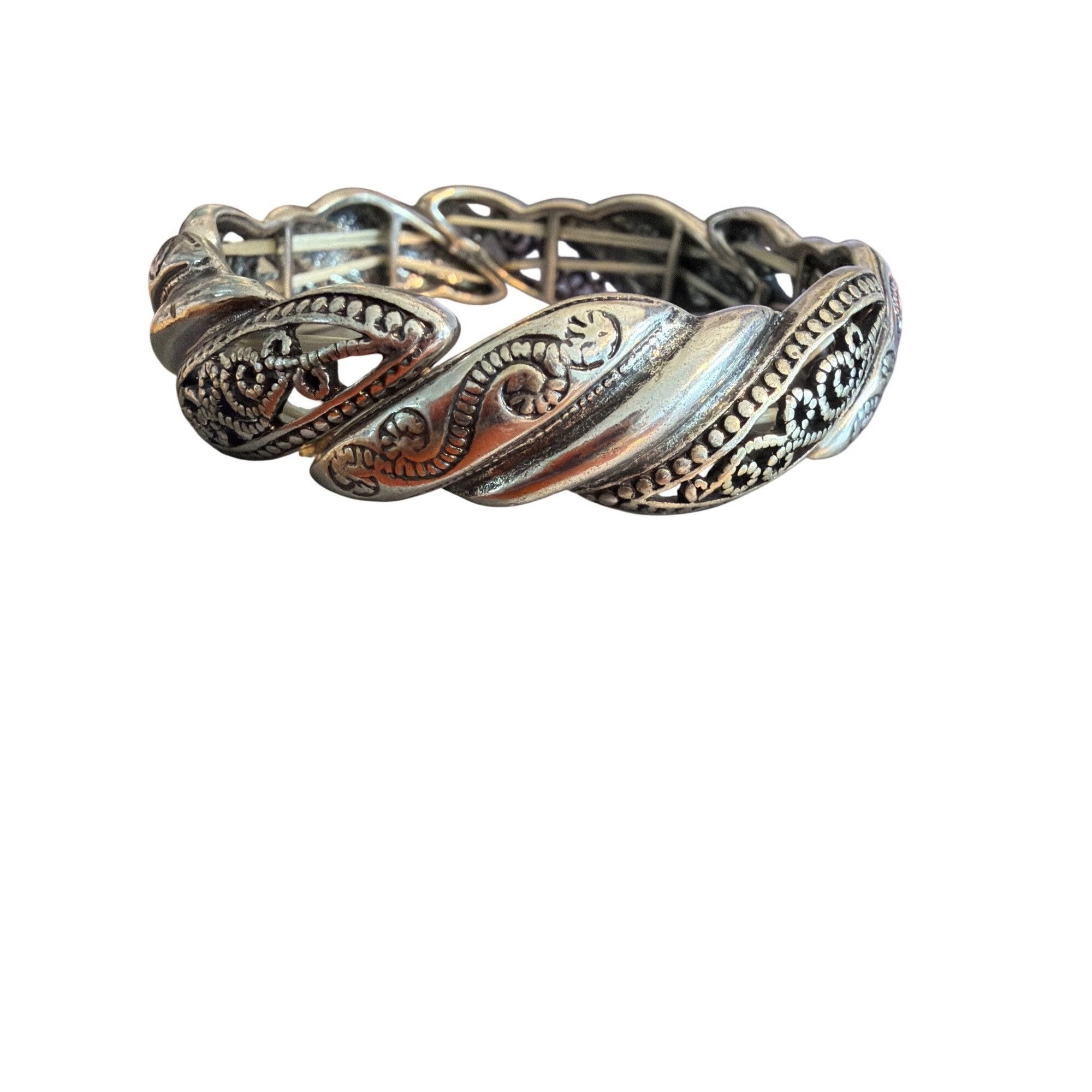 Other Vintage Silver Tone Stretch Bracelet Openwork Filigree Etche Size ONE SIZE - 1 Thumbnail