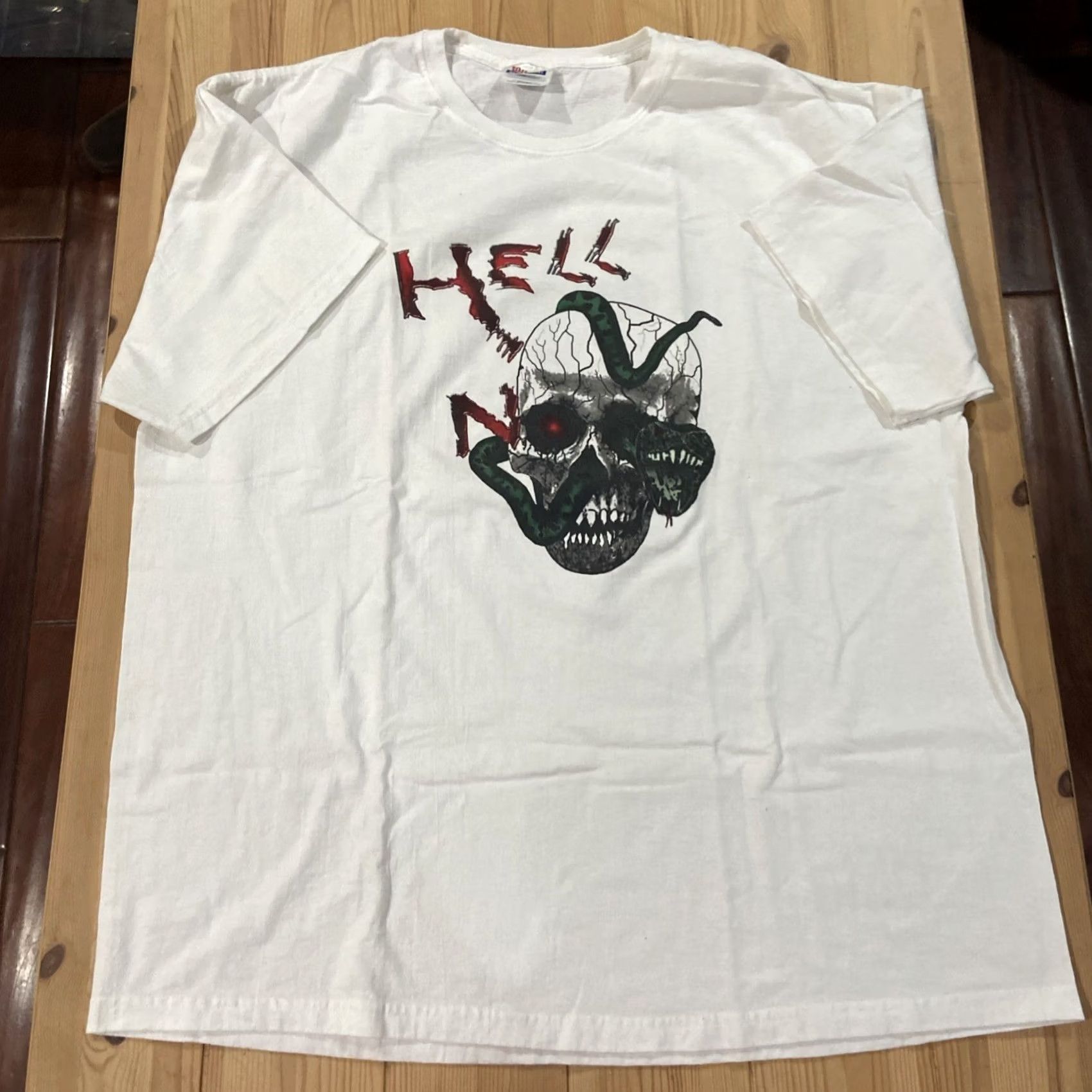 Hanes VINTAGE Hell no Heaven yes Shirt Christian Jesus 2XL Cross Skull Unisex Adults T-Shirt White Short Sleeve Cotton Blend Hanes Men Women Mens Womens Size US XXL / EU 58 / 5 - 2 Thumbnail