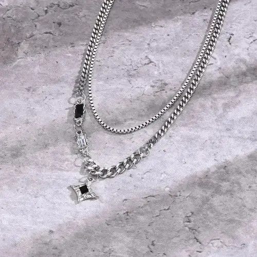 Sterling Silver Mens Double Chain Black Star Charm Choker Necklaces Size ONE SIZE - 4 Thumbnail