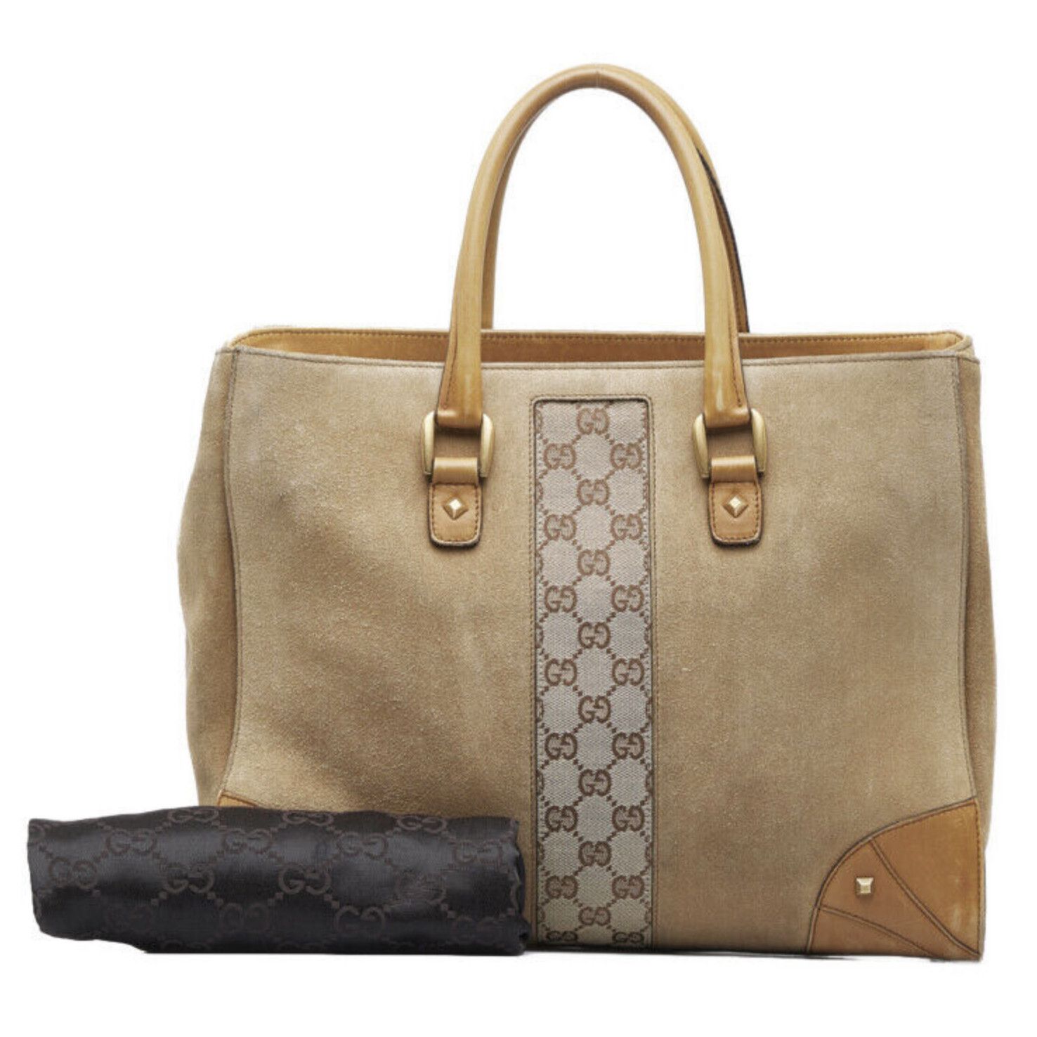image of Gucci 120897 Canvas Nailhead Suede Tote Beige With Dustbag, Women's