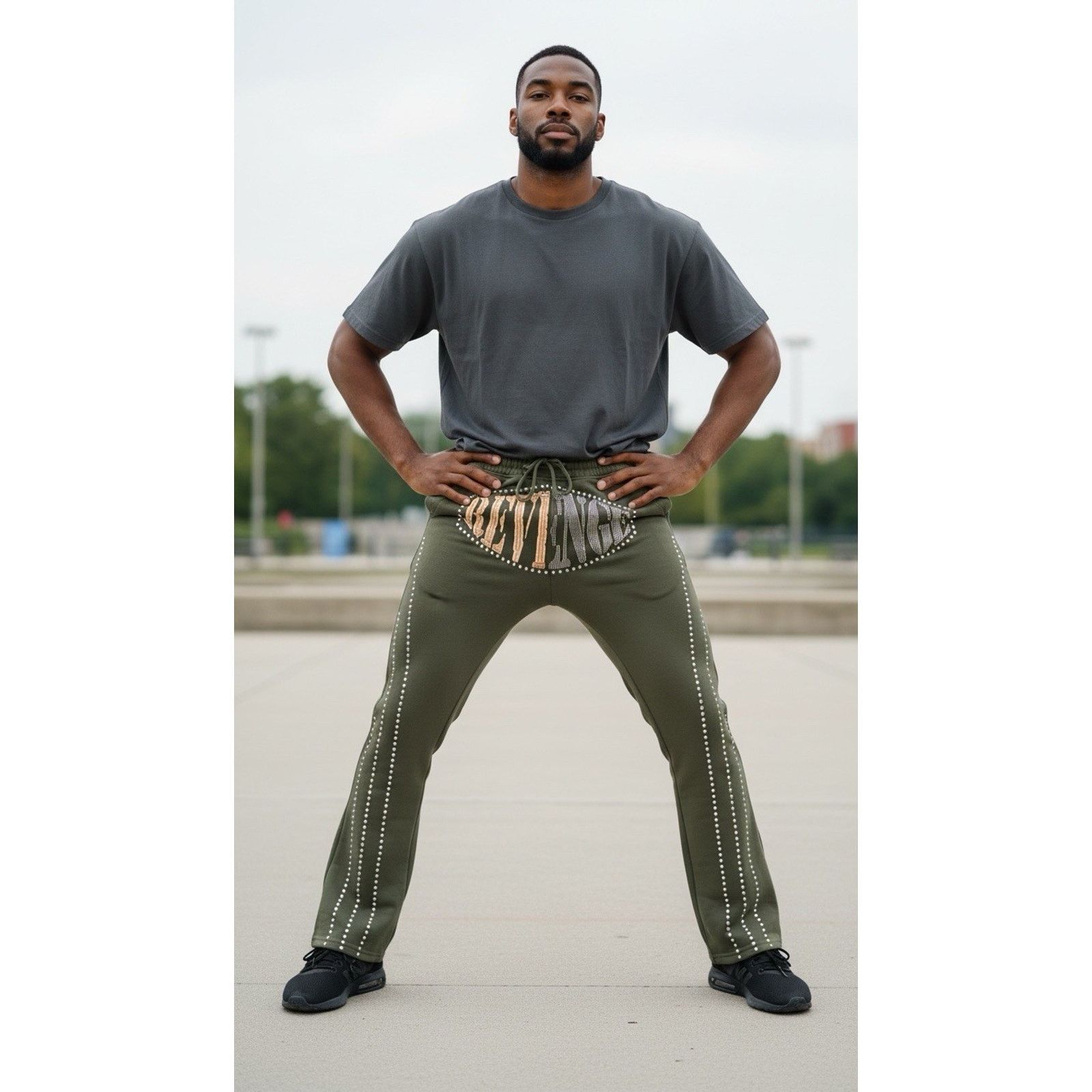 Black Rivet Copper Rivet Men's Olive Flared Terry Joggers Rhinestones M Size US 34 / EU 50 - 1 Thumbnail