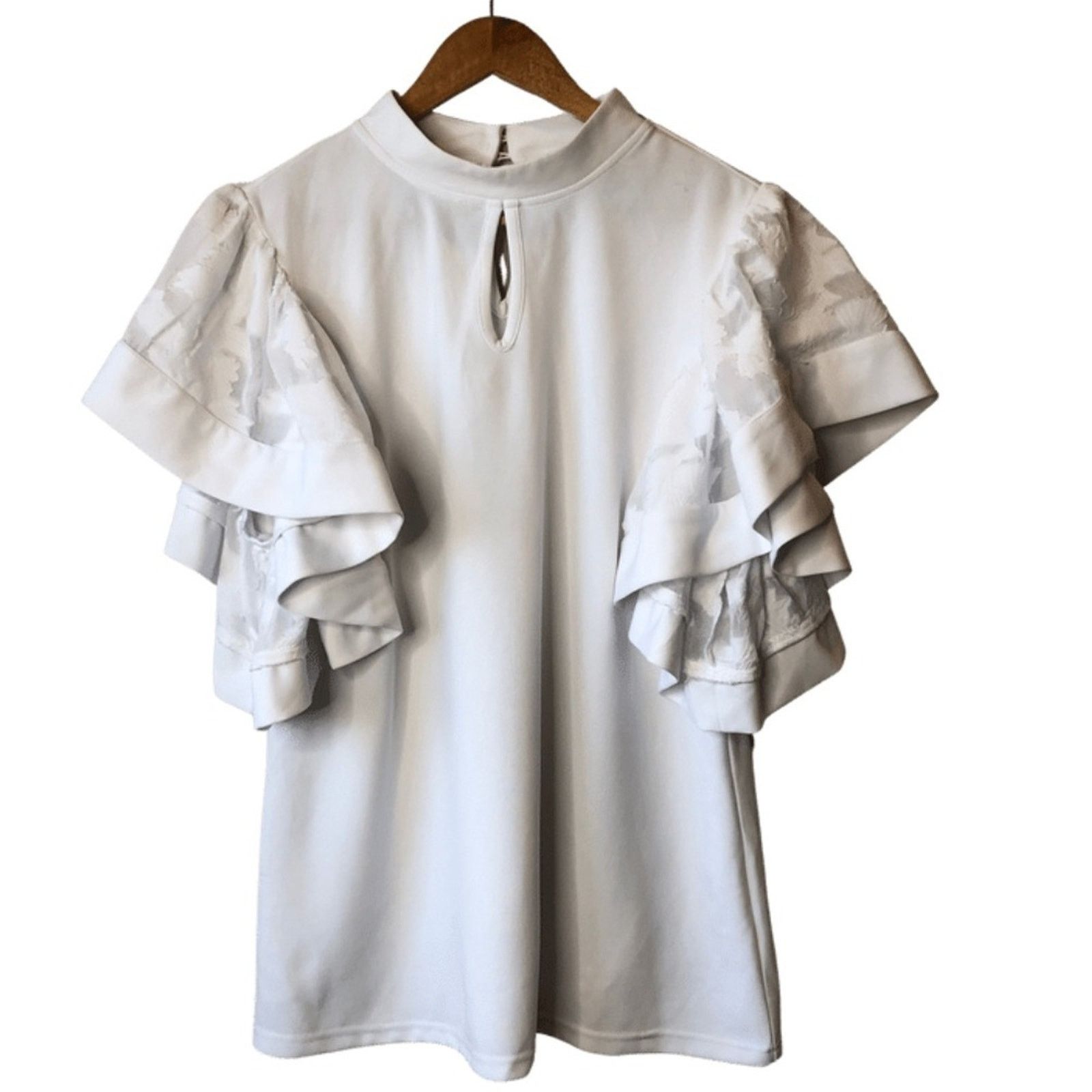 Other Ashley Stewart Ruffle Flutter Lace Sleeve White Blouse Size XXL / US 16-18 / IT 52-54 - 3 Thumbnail