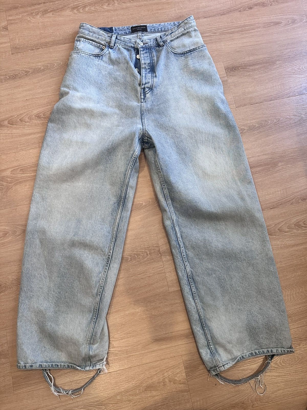 Balenciaga Distressed Light Wash Blue Baggy Denim