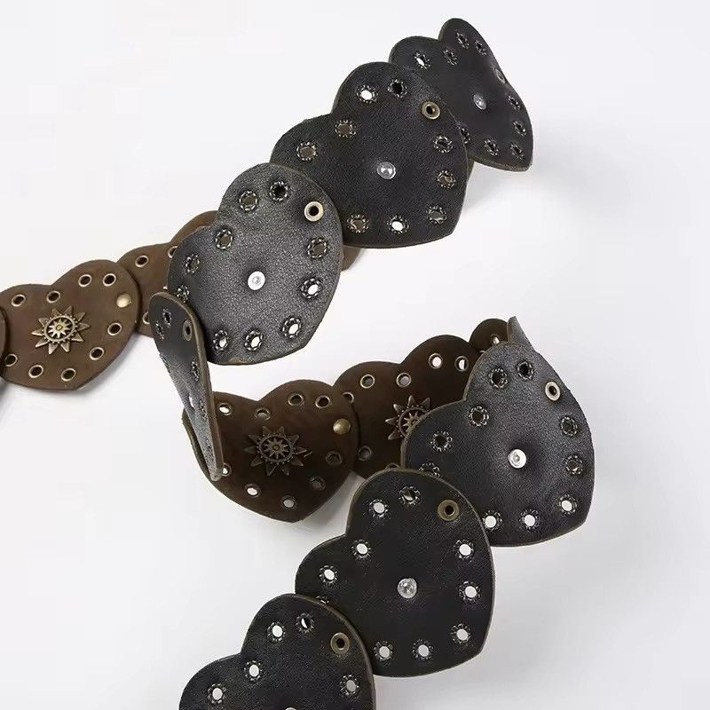 Leather × Vintage Brown PU Leather Pinned Heart Shape Bohemian Style Belt Size ONE SIZE - 5 Thumbnail