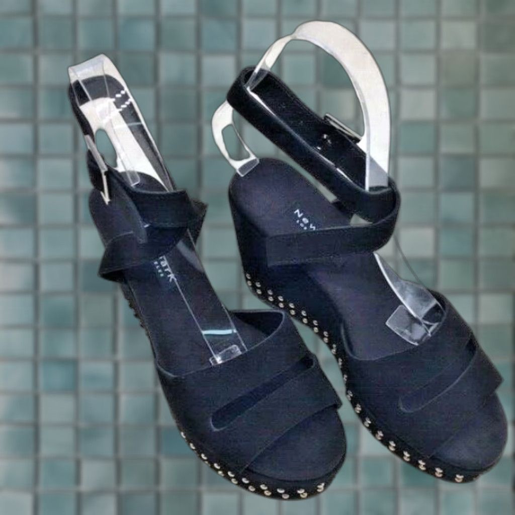 Vintage VINTAGE NewbarK Maggie Wedge Platform Wrap Strap Black Suede Studded Size 7M Womens Open Toe Heel 4" Buckle Closure Platform Shoes Size US 7 / IT 37 - 1 Thumbnail