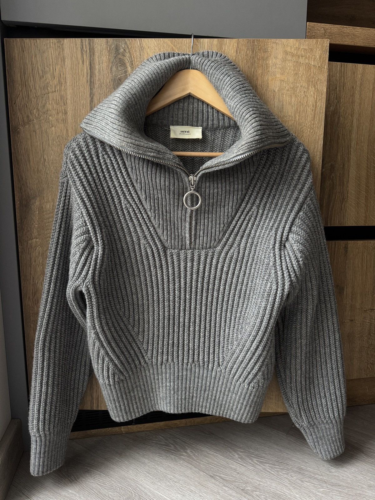 ✩ Ami ✩2 Ami Paris Knitted Ribbed Virgin Wool Half Zip Sweater