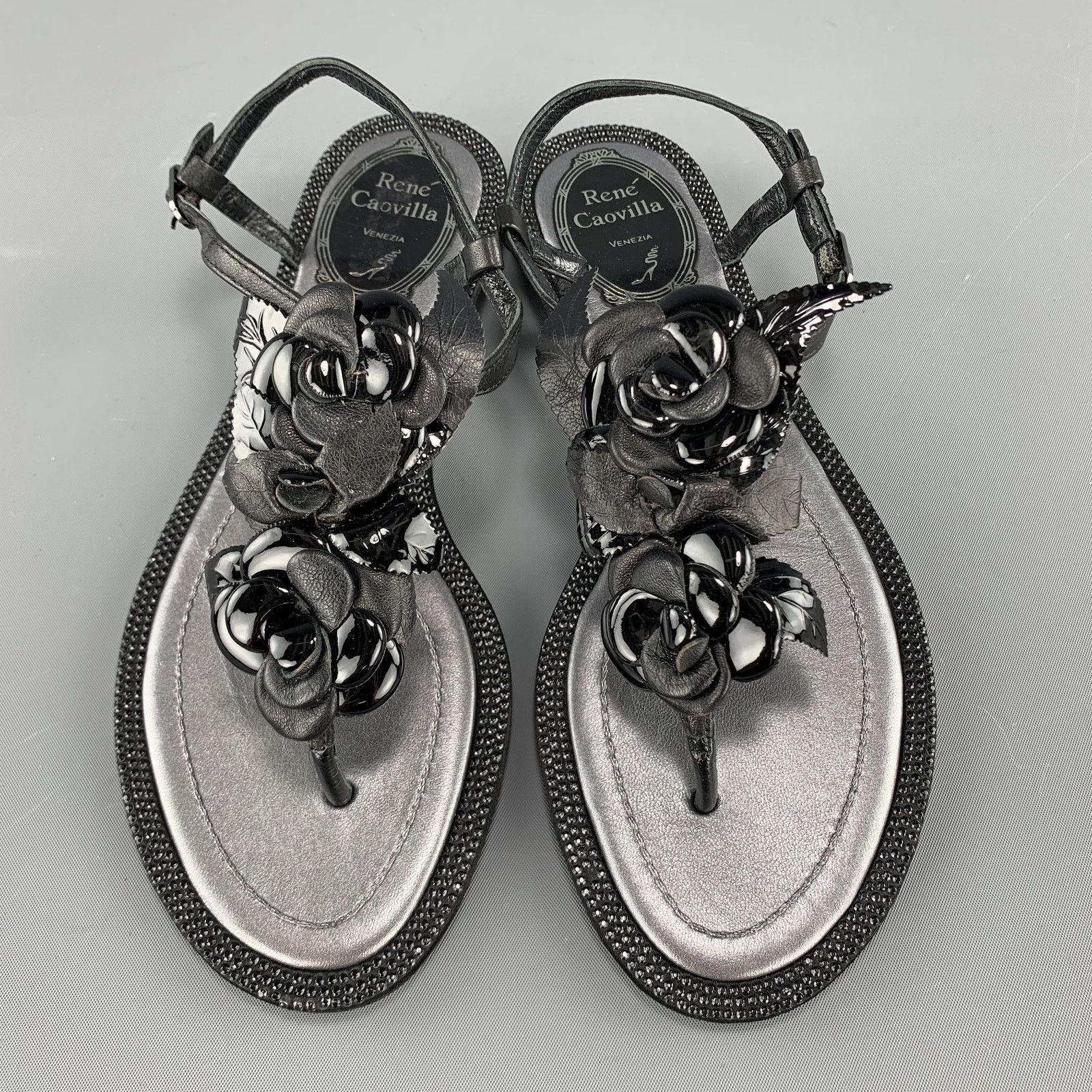 Rene Caovilla RENE CAOVILLA IT 34 Black Leather Rose T Strap Sandals Size US 4 / IT 34 - 1 Thumbnail