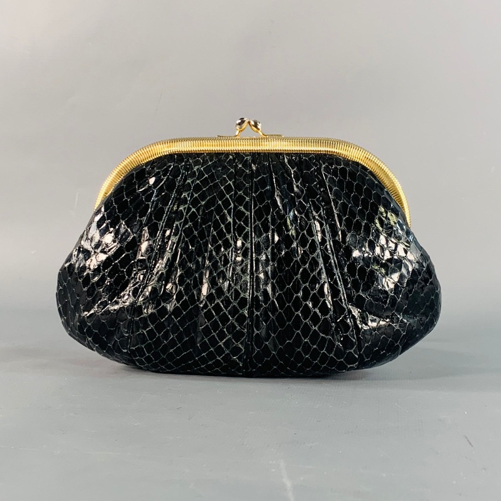 Judith Leiber Vintage Black Gold Tone Snakeskin Leather Kiss Lock Evening Size ONE SIZE - 3 Thumbnail