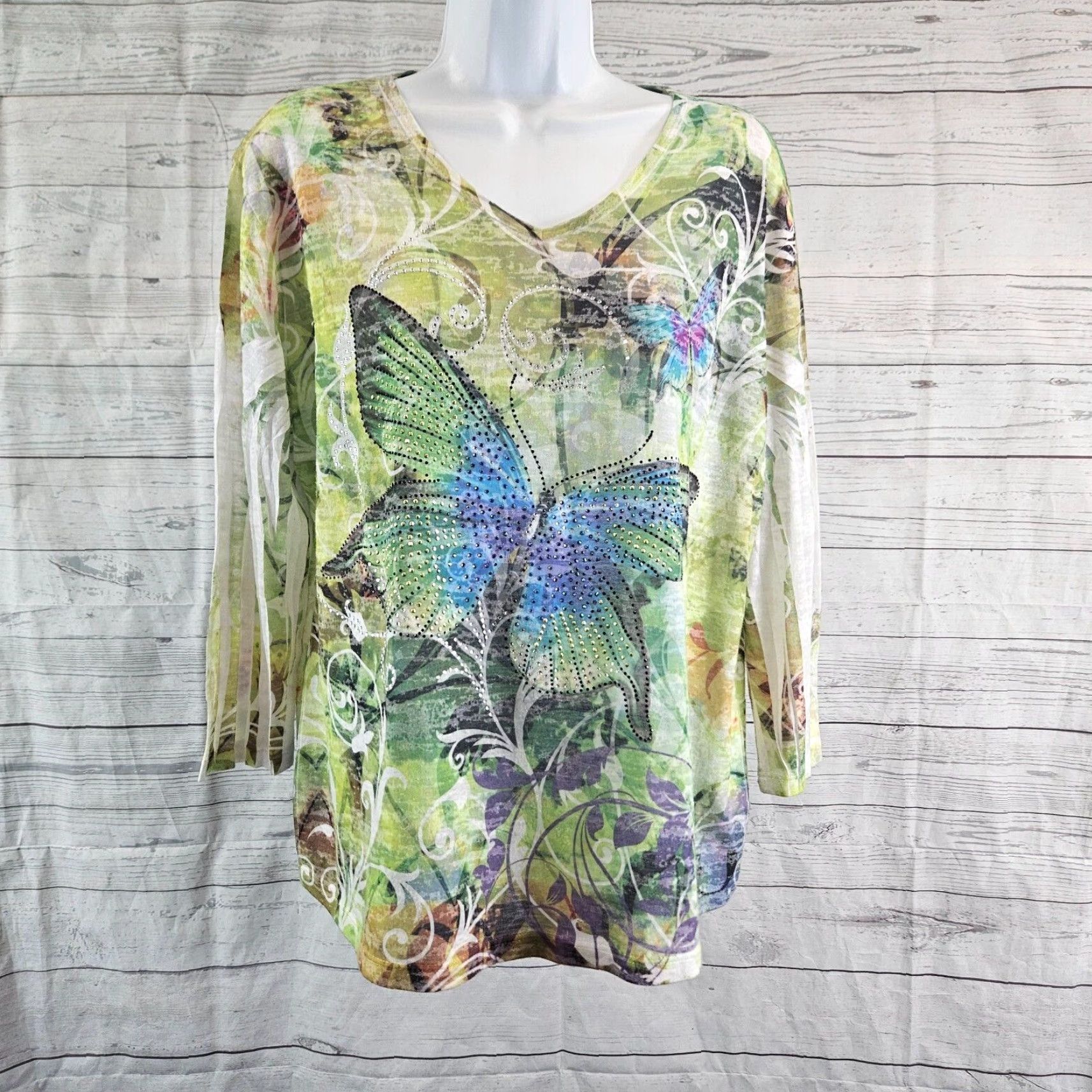 Vintage Jess & Jane Womens Burnout Top Sz Large Green Blue Butterfly Embellished T-Shirt 3/4 Sleeve Womens Size L / US 10 / IT 46 - 2 Thumbnail
