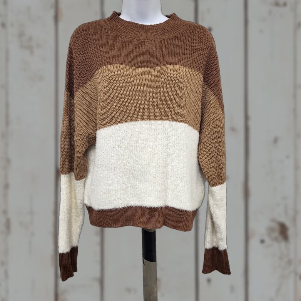 Shein Shein Sweater Women's Medium Brown/Tan Cream Long Sleeve Knit Autumn Fall Bohemian Colorful Classic Pullover Knit Size M / US 6-8 / IT 42-44 - 1 Thumbnail