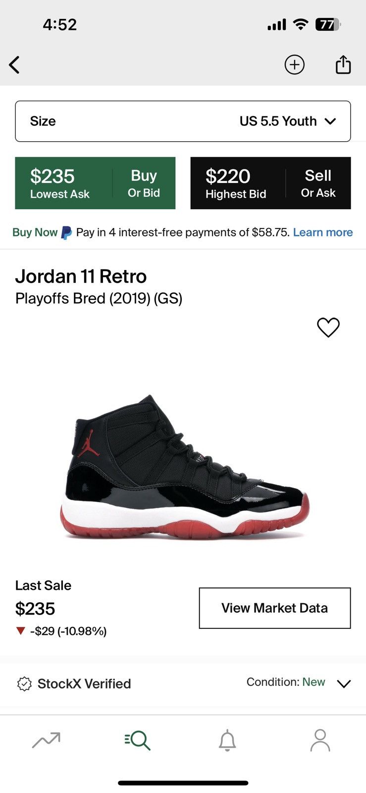 Jordan Brand × Nike Air Jordan Retro 11 Playoff Bred 2019 Sz 5.5Y Size US 5.5 / EU 38 - 7 Thumbnail
