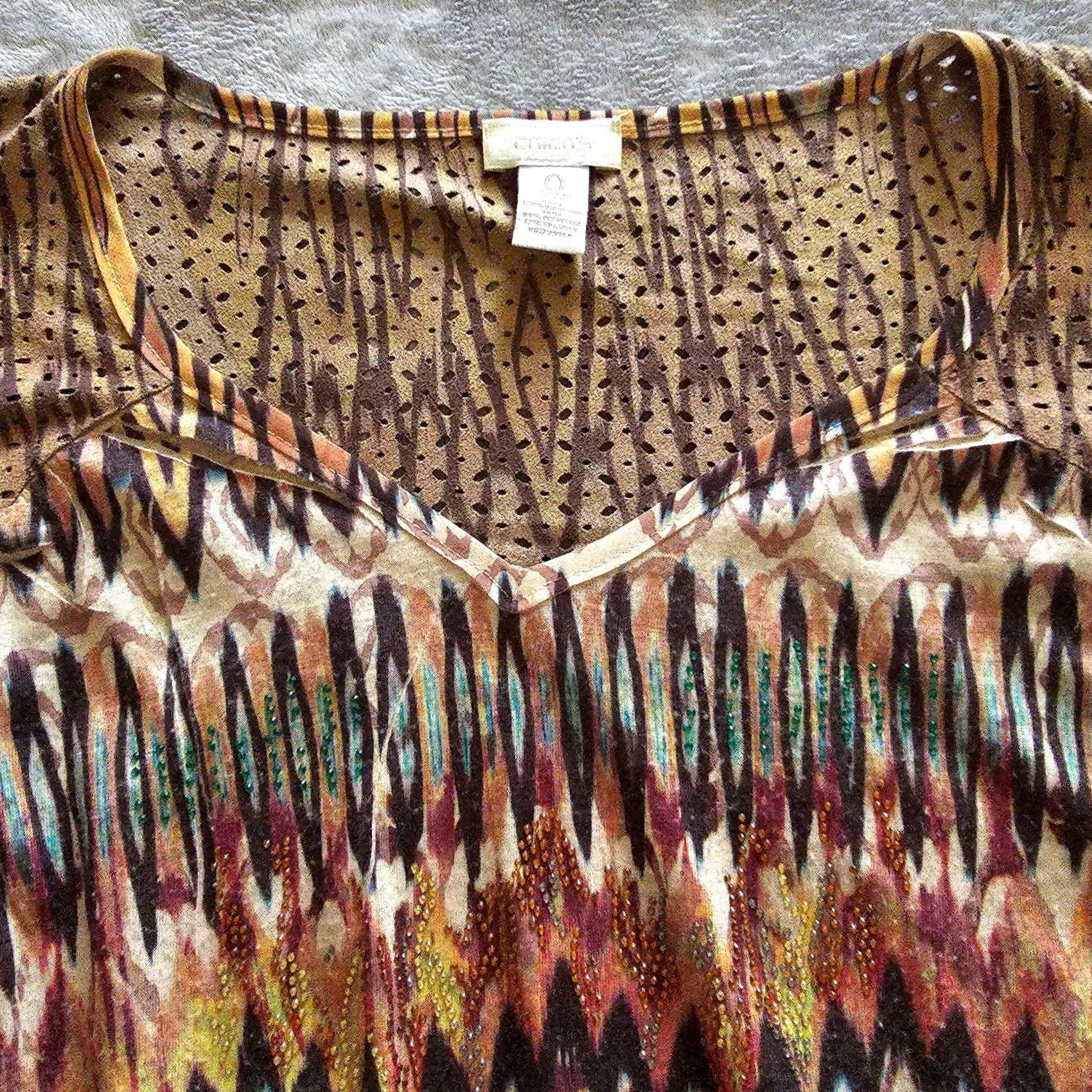 Vintage Chicos Top Shirt Womens Small Brown Tan Rhinestones V Neck Southwest Casual Shirt Size S / US 4 / IT 40 - 7 Thumbnail