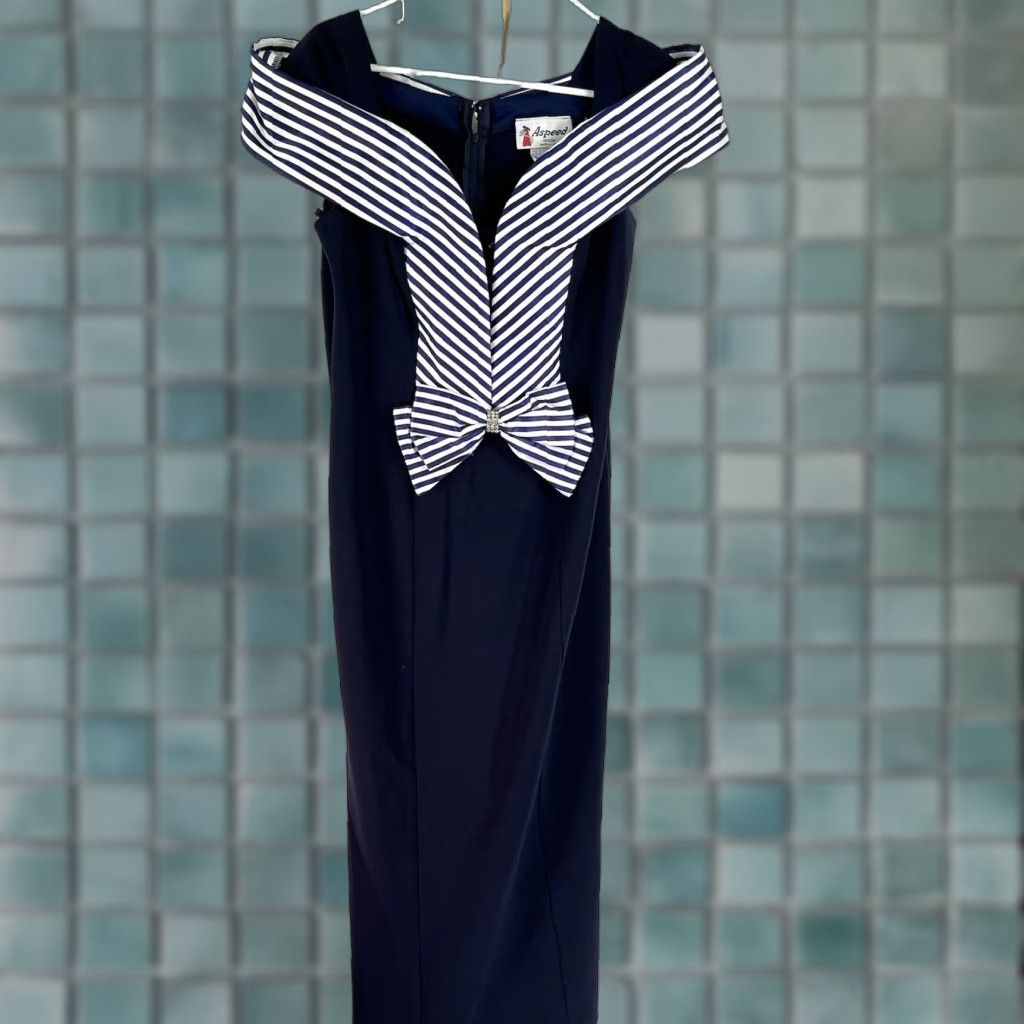 Speedo Vintage Aspeed Design Dress Size L Blue Jeweled Bow Wrap Cold Shoulder US Made Size L / US 10 / IT 46 - 1 Thumbnail