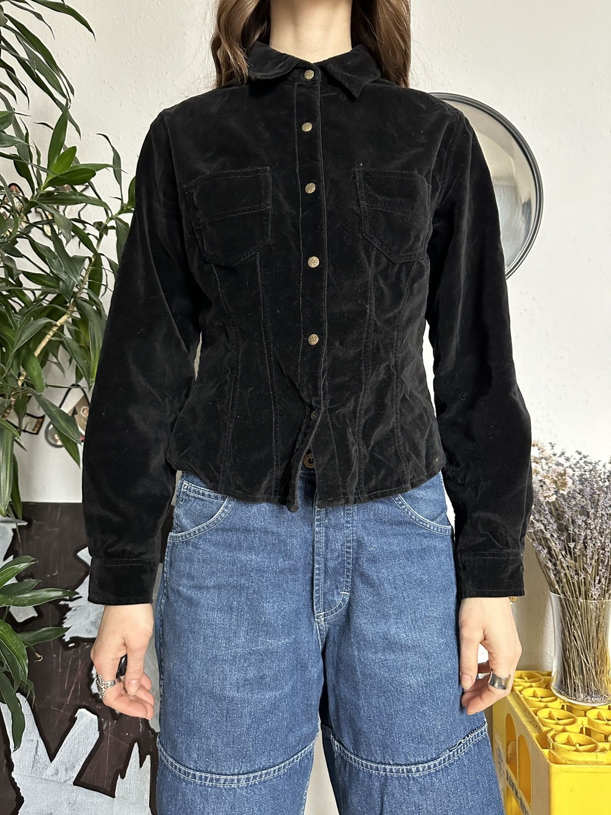 Vintage Velour Slouchy Retro 90s Button Up Shirt Size M / US 6-8 / IT 42-44 - 2 Thumbnail