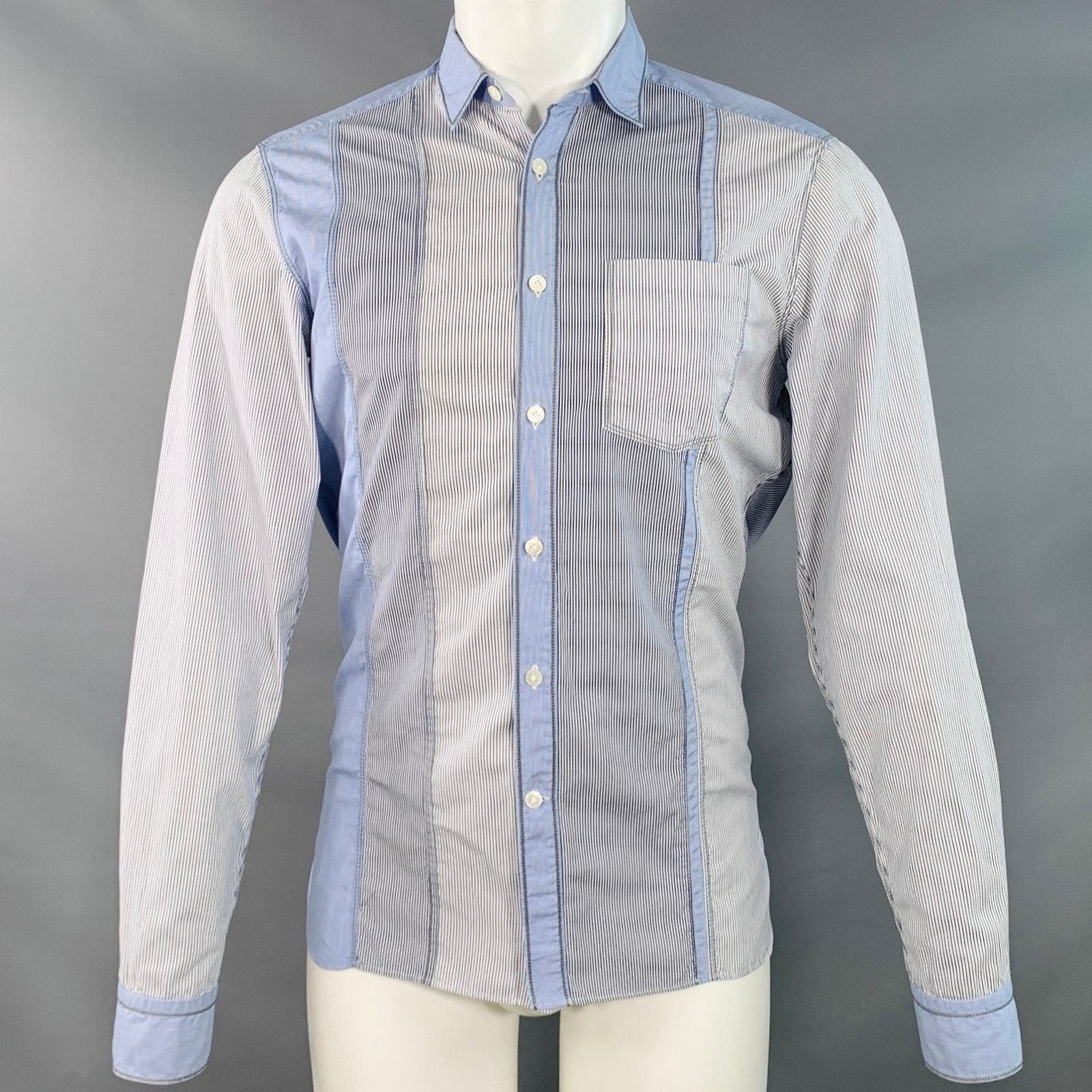 Lanvin LANVIN White Blue Patchwork Stripe Cotton One Pocket Shirt Size US S / EU 44-46 / 1 - 1 Thumbnail