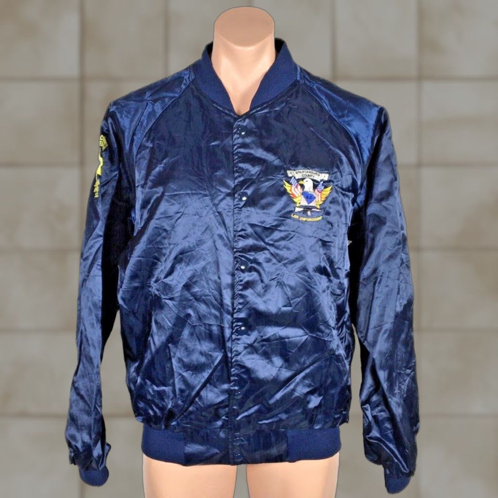VINTAGE Hartwell Satin SPARTANBURG COUNTY LAW ENFORCEMENT Police Detention Officer Jacket Men L Blue Embroidered 80s 80's Size L