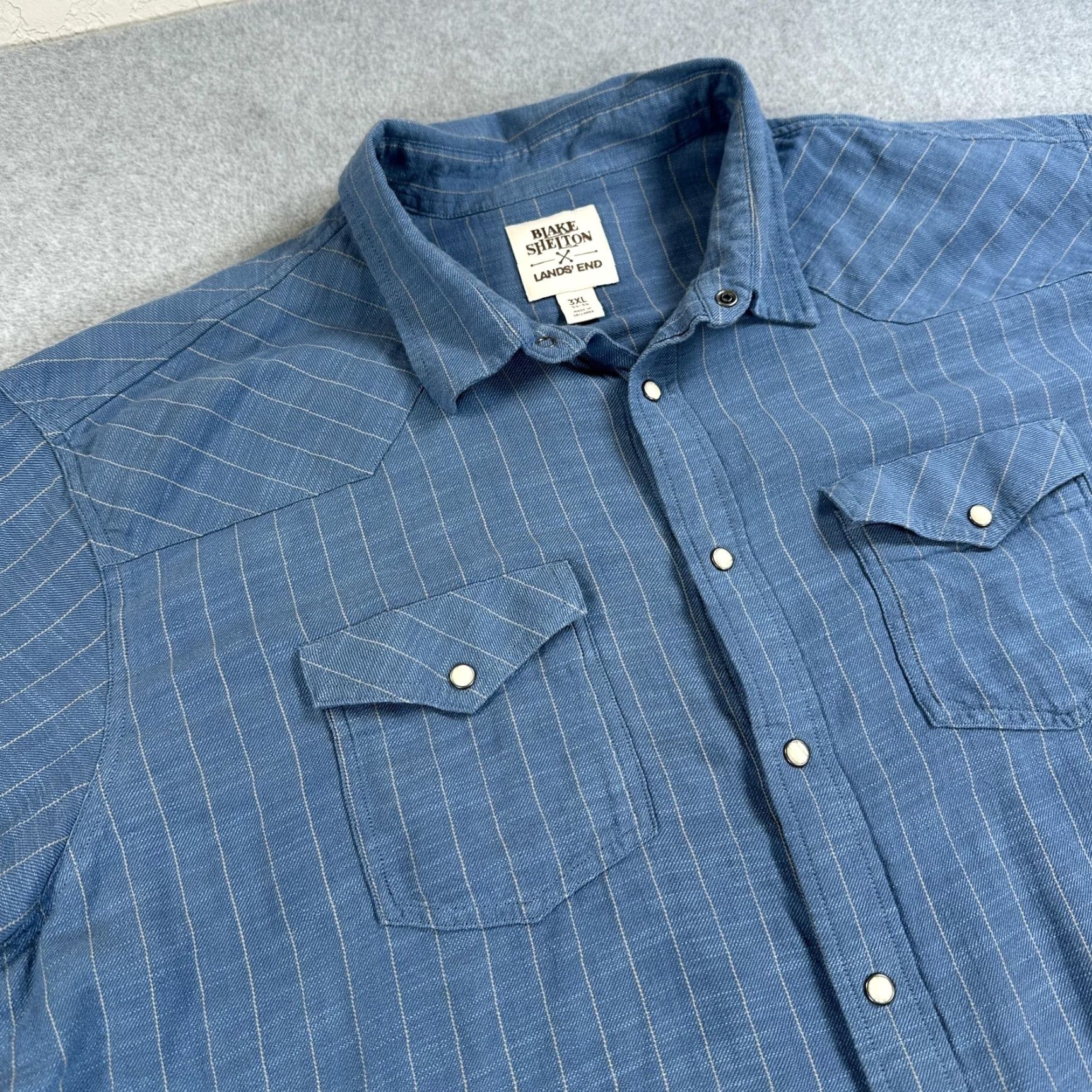 Vintage Blake Shelton x Lands' End Shirt Mens 3XL Blue Striped Western Snap Cotton Twill Shirt Size US XXL / EU 58 / 5 - 4 Thumbnail