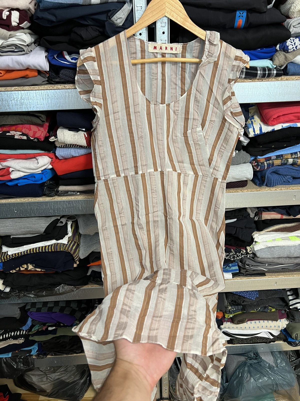 Marni Marni Brown Beige Striped Viscosa Dress Ruffle Hem Sz IT 42 Size M / US 6-8 / IT 42-44 - 2 Thumbnail